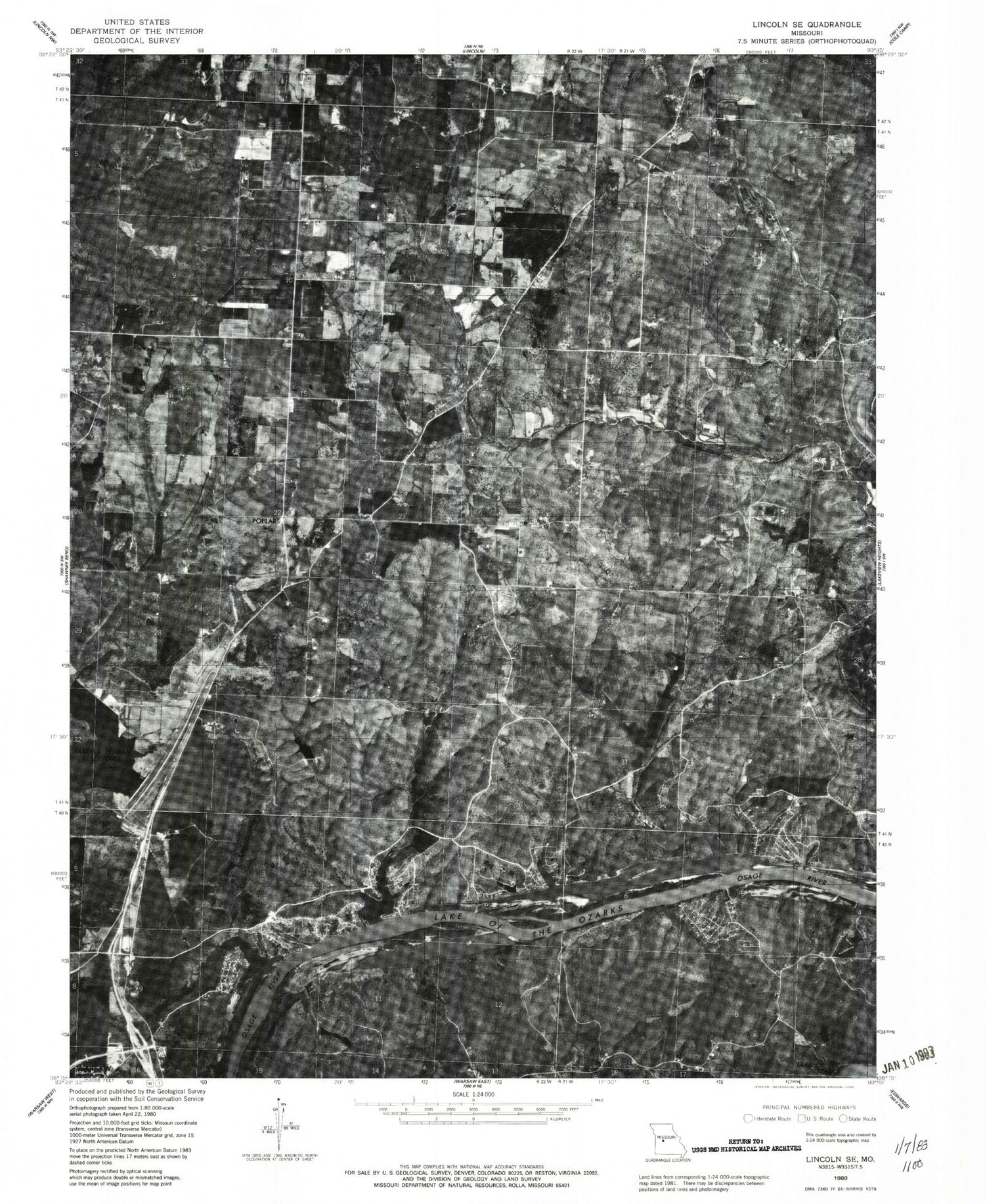 Classic USGS Lincoln SE Missouri 7.5'x7.5' Topo Map Image
