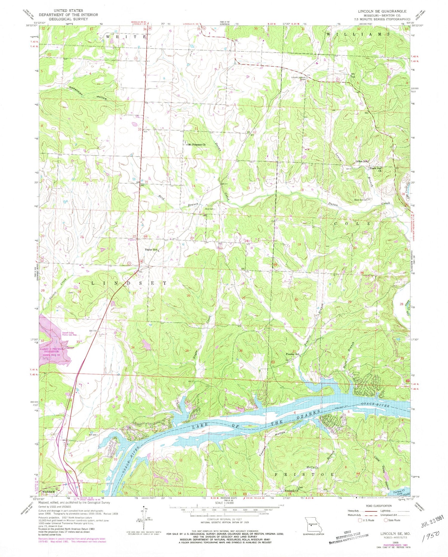 Classic USGS Lincoln SE Missouri 7.5'x7.5' Topo Map Image