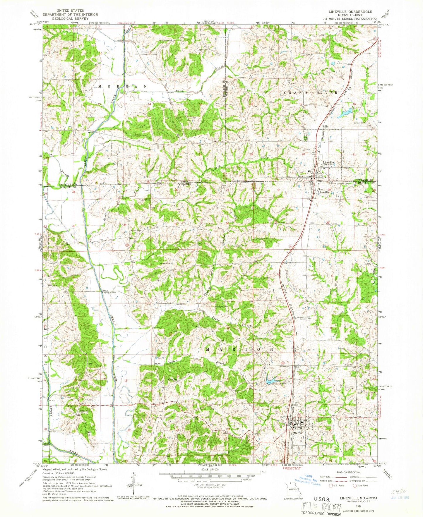 Classic USGS Lineville Iowa 7.5'x7.5' Topo Map Image