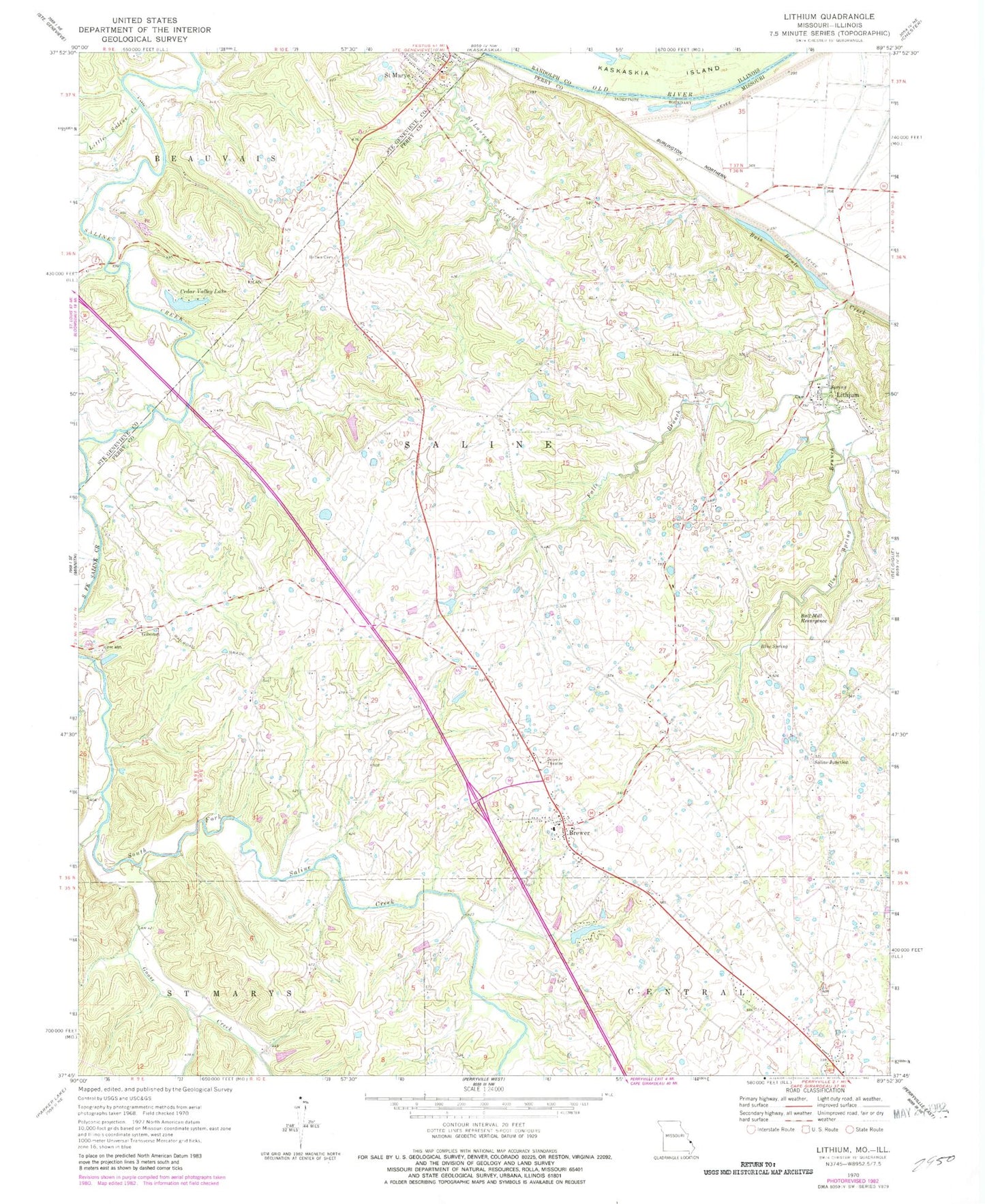 Classic USGS Lithium Missouri 7.5'x7.5' Topo Map Image