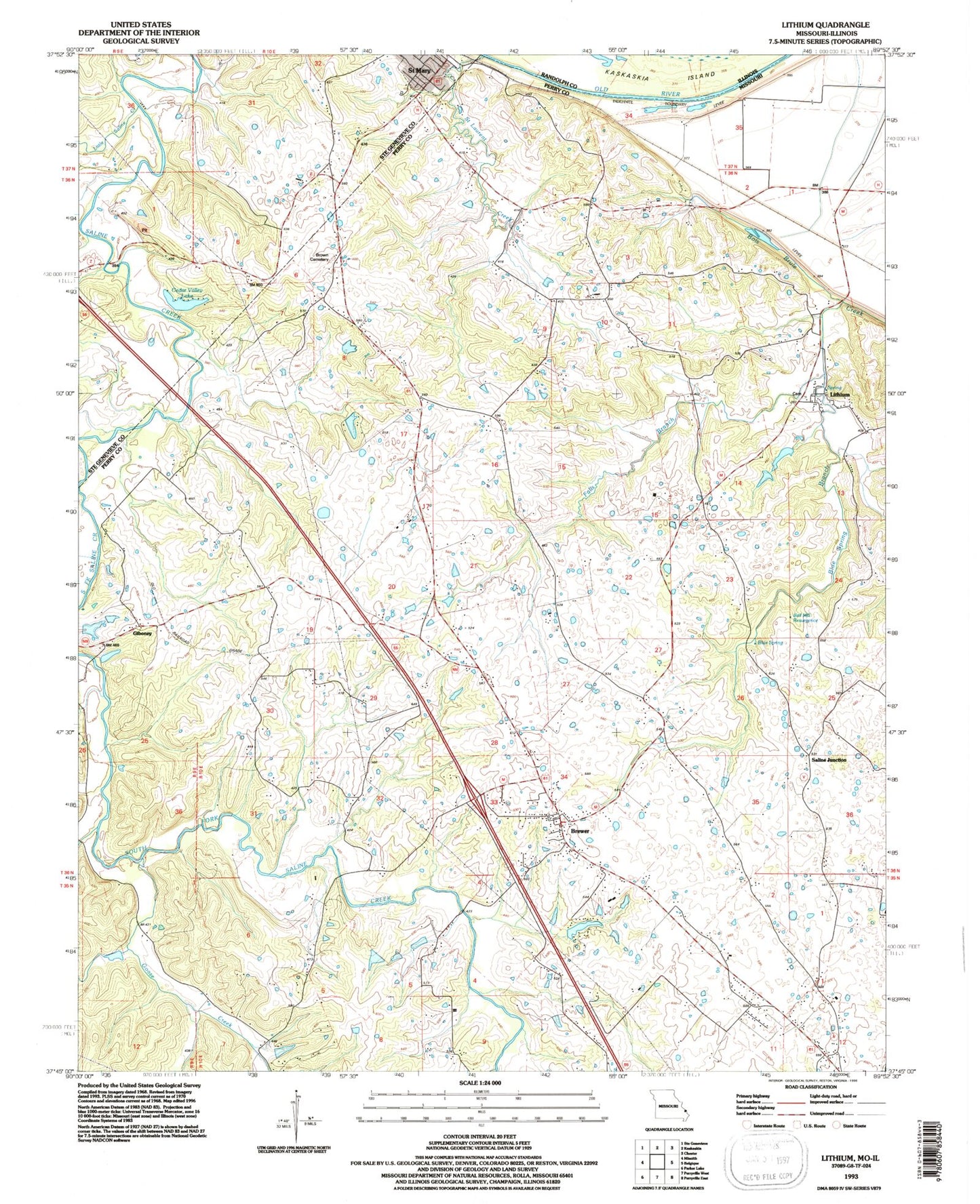 Classic USGS Lithium Missouri 7.5'x7.5' Topo Map Image