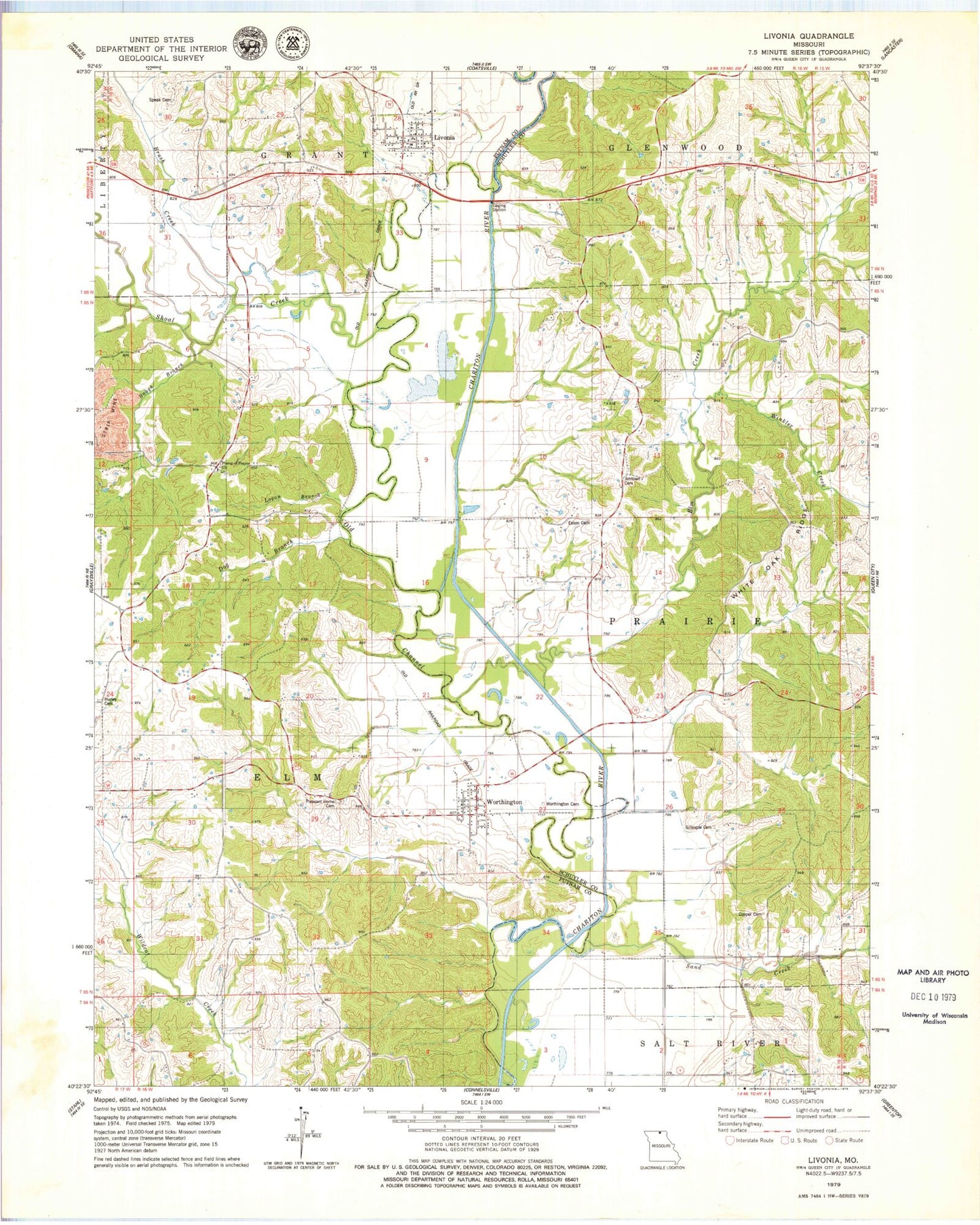 Classic USGS Livonia Missouri 7.5'x7.5' Topo Map Image