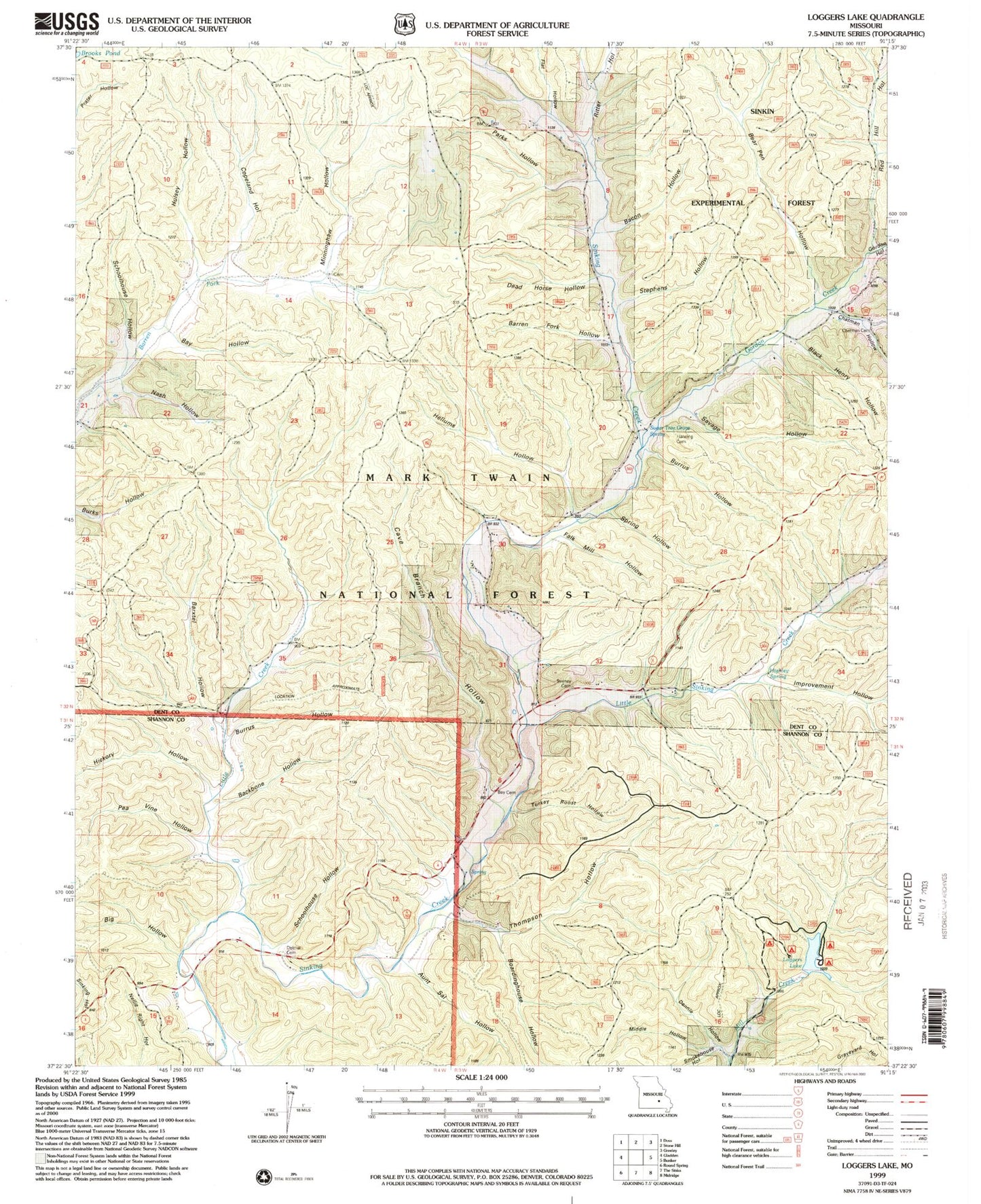 Classic USGS Loggers Lake Missouri 7.5'x7.5' Topo Map Image