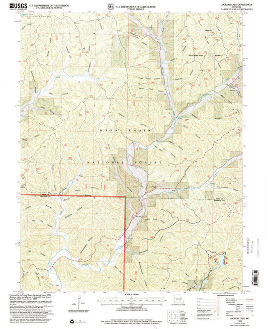 Classic USGS Loggers Lake Missouri 7.5'x7.5' Topo Map Image
