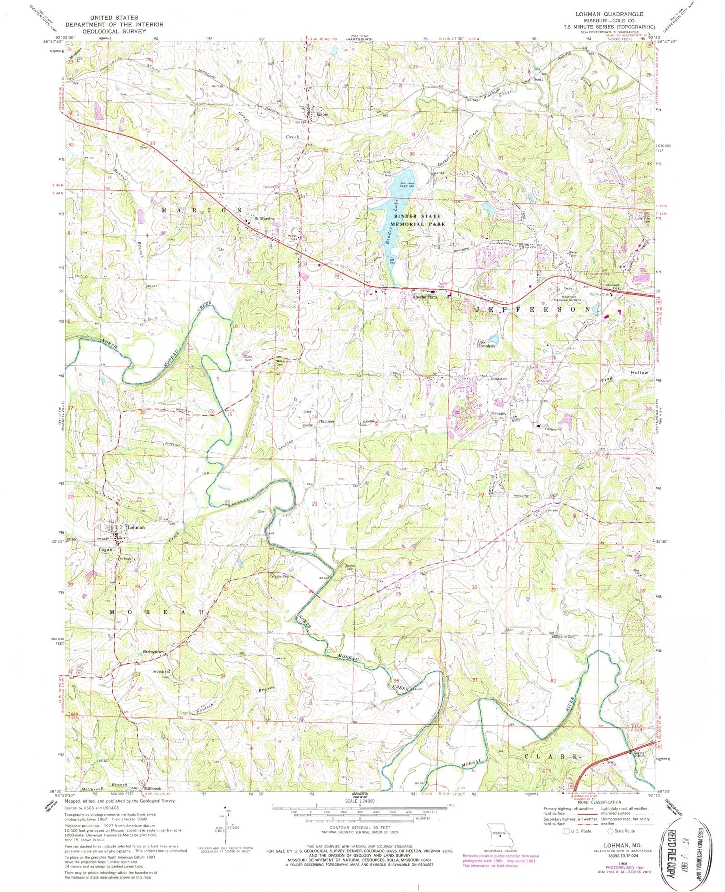 Classic USGS Lohman Missouri 7.5'x7.5' Topo Map Image