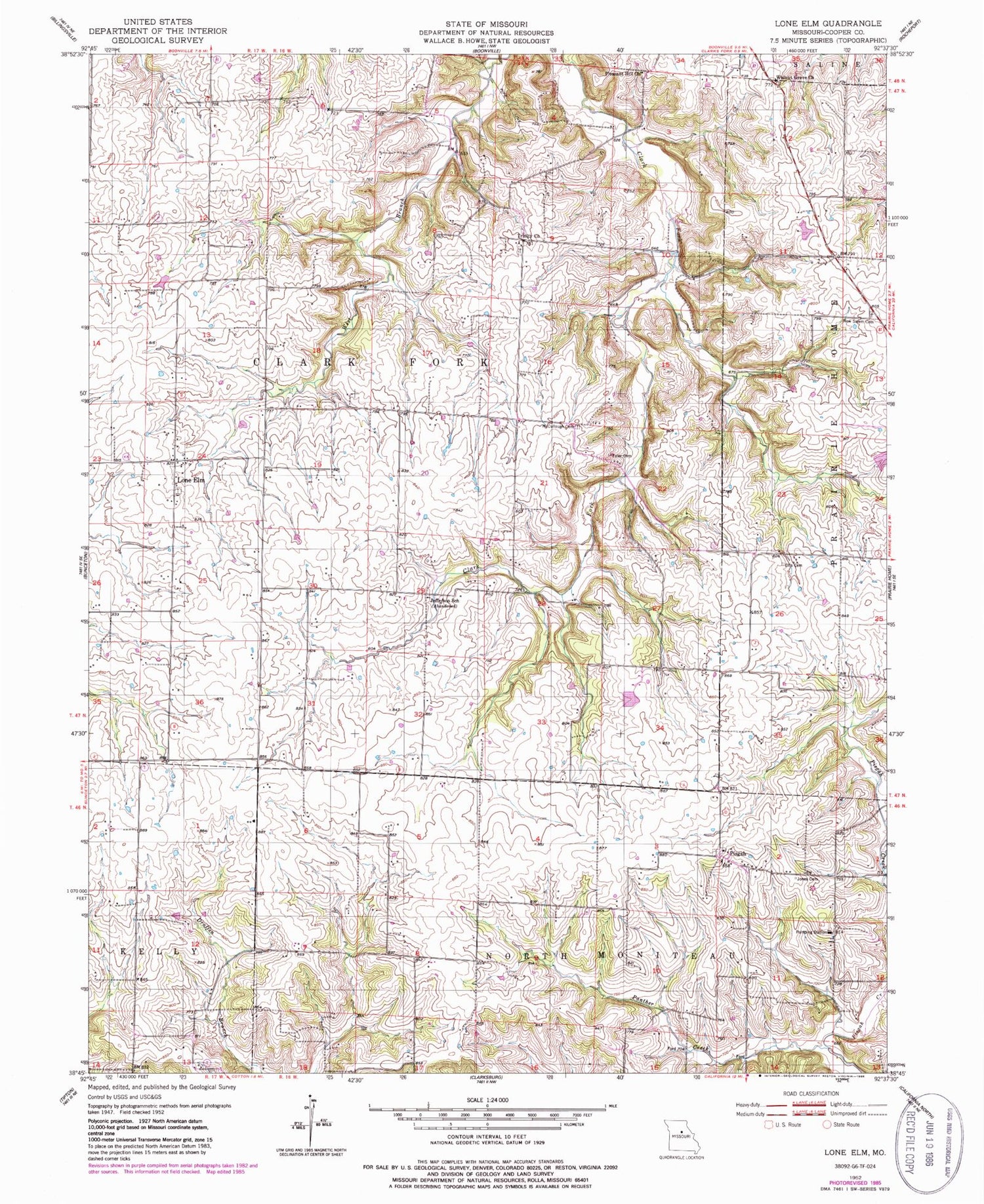 Classic USGS Lone Elm Missouri 7.5'x7.5' Topo Map Image