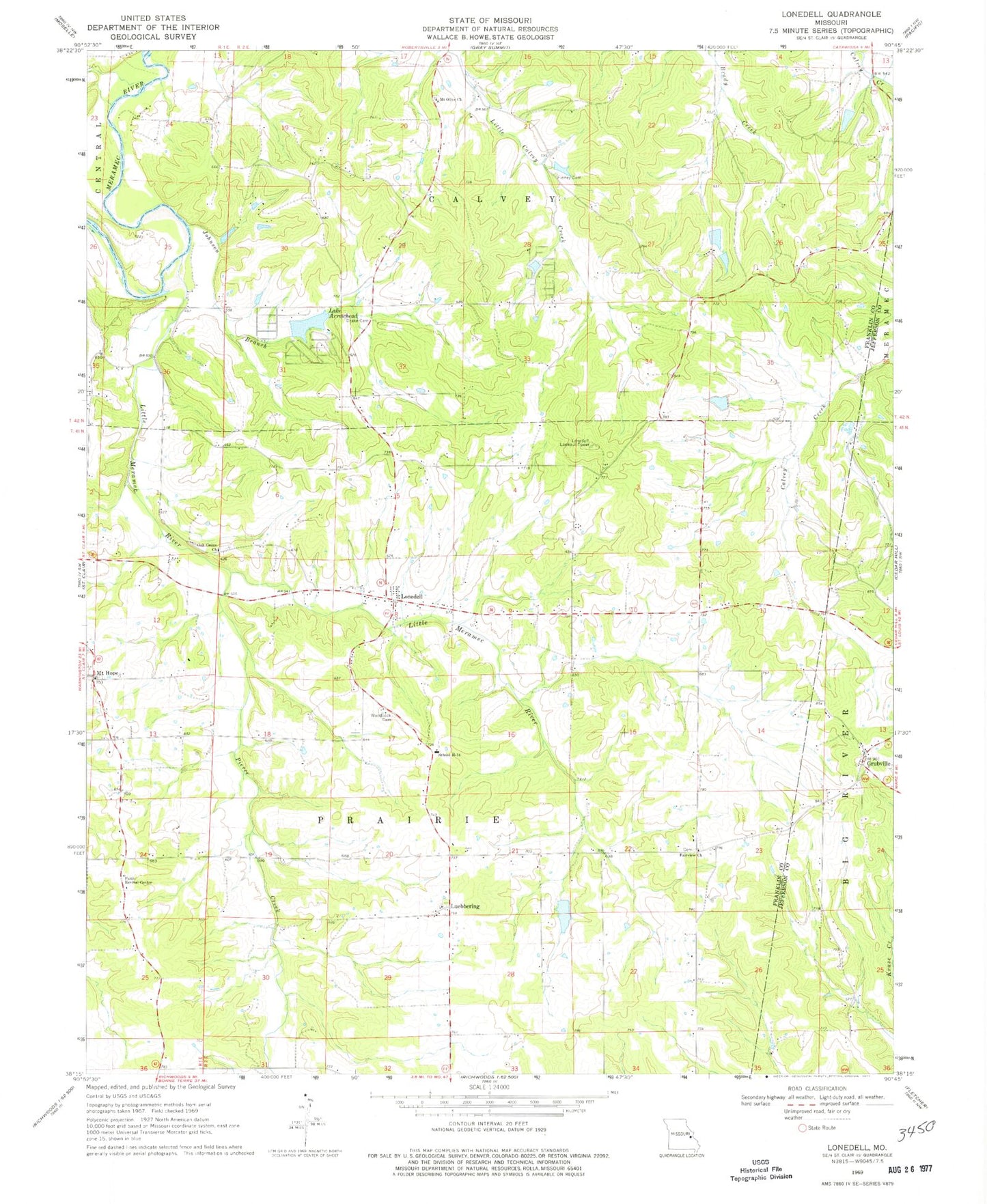 Classic USGS Lonedell Missouri 7.5'x7.5' Topo Map Image