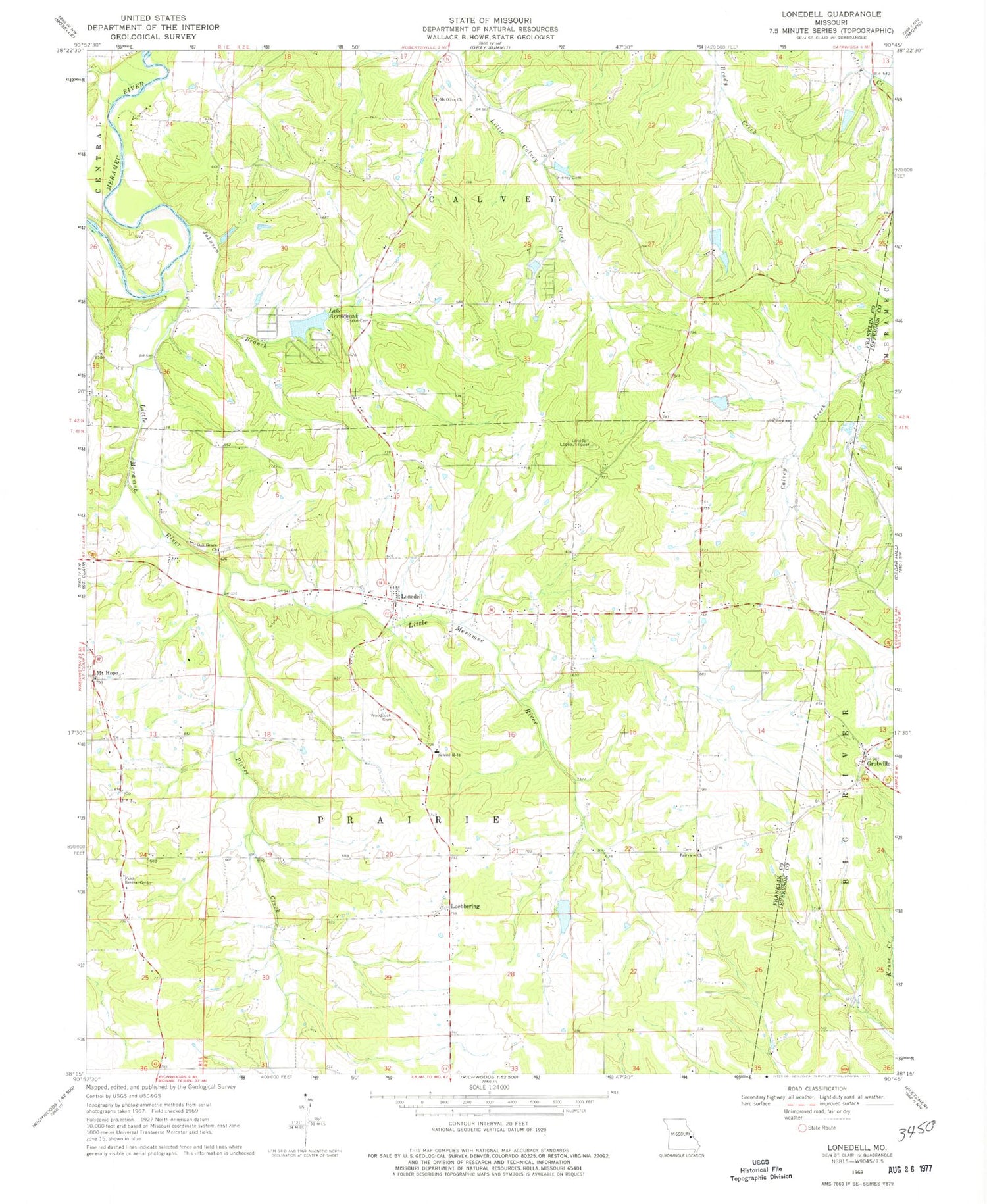 Classic USGS Lonedell Missouri 7.5'x7.5' Topo Map Image