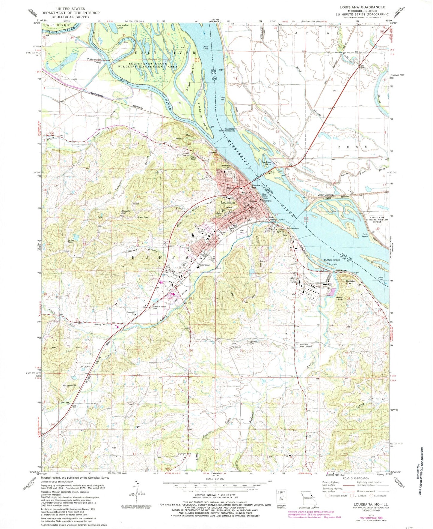 Classic USGS Louisiana Missouri 7.5'x7.5' Topo Map Image