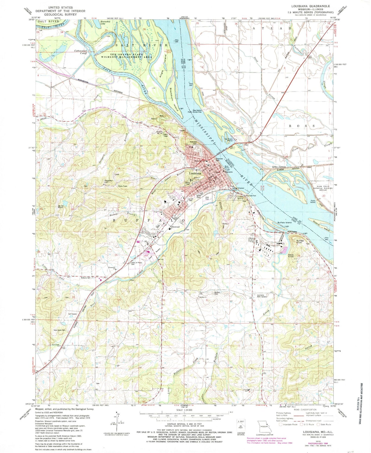 Classic USGS Louisiana Missouri 7.5'x7.5' Topo Map Image