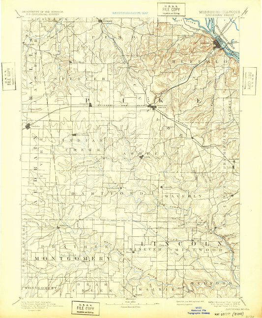 Historic 1890 Louisiana Missouri 30'x30' Topo Map Image
