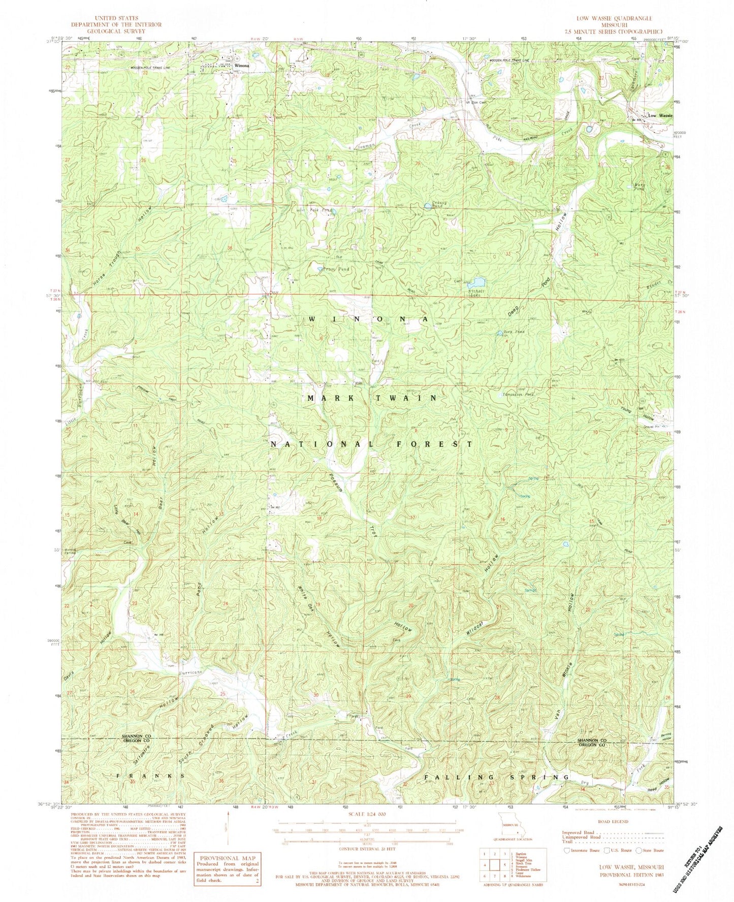 Classic USGS Low Wassie Missouri 7.5'x7.5' Topo Map Image