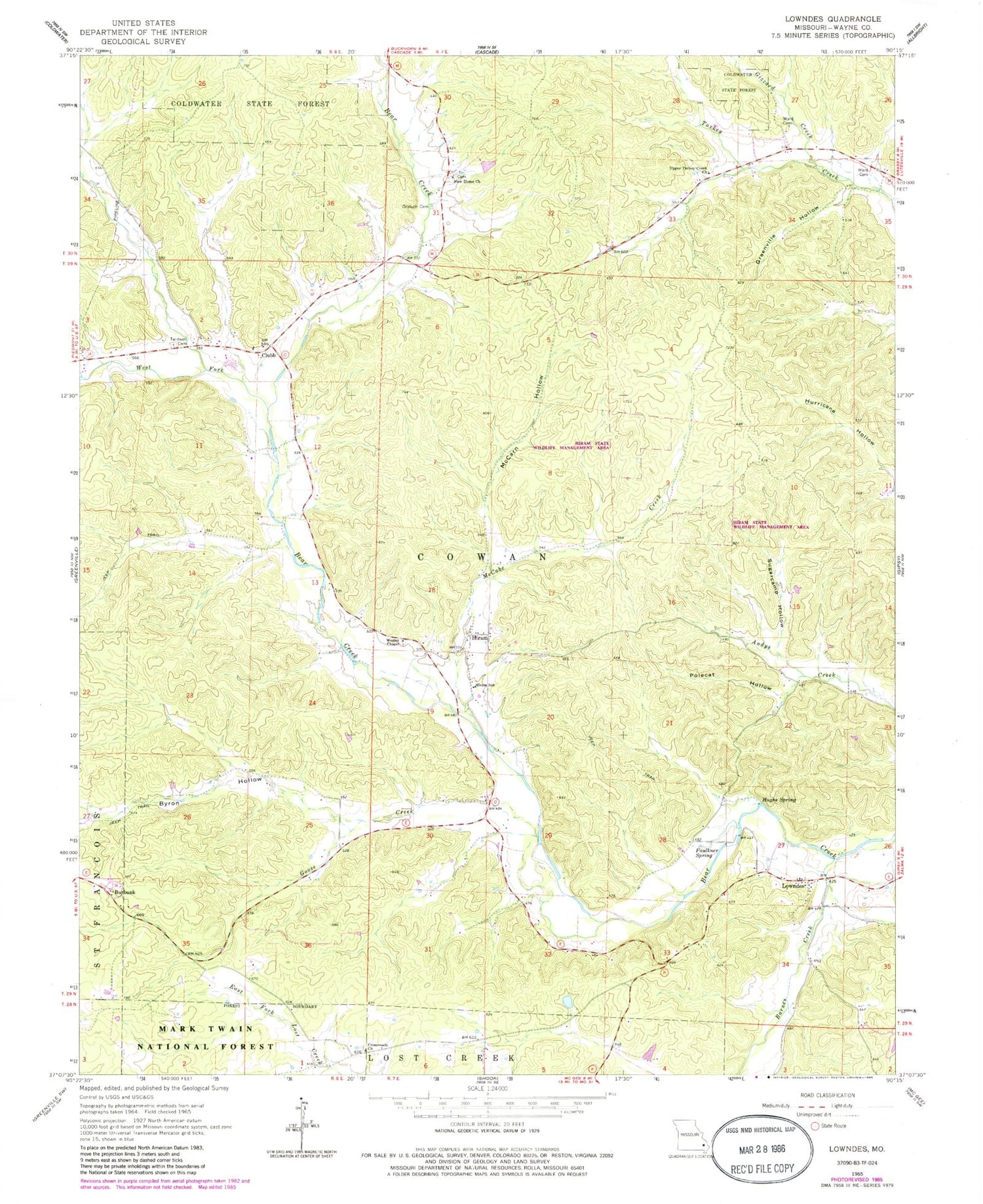 Classic USGS Lowndes Missouri 7.5'x7.5' Topo Map Image