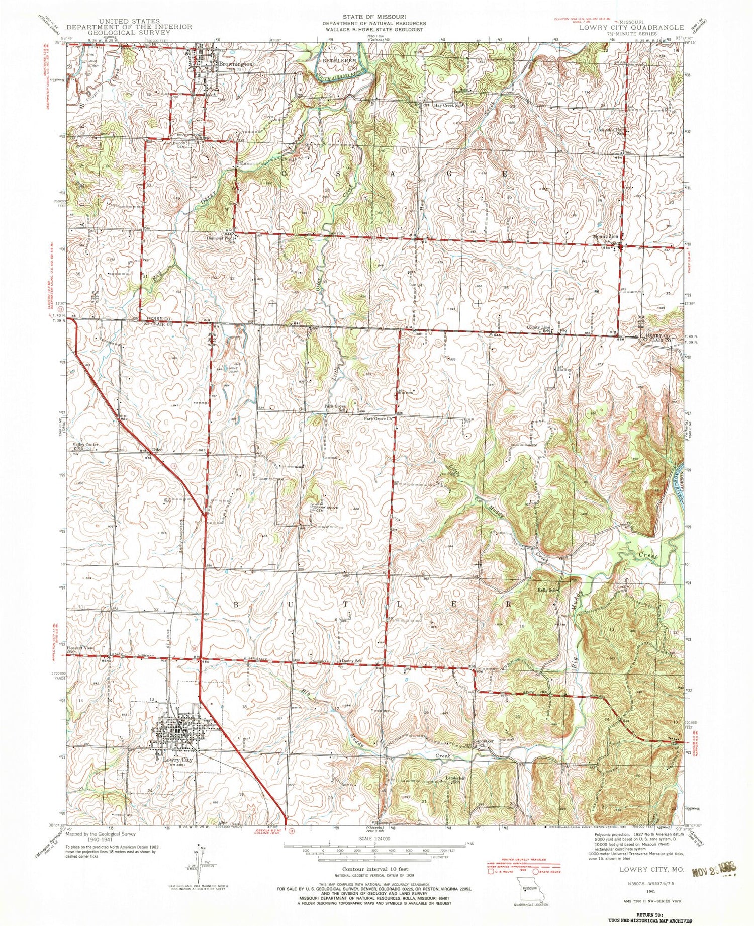 Classic USGS Lowry City Missouri 7.5'x7.5' Topo Map Image