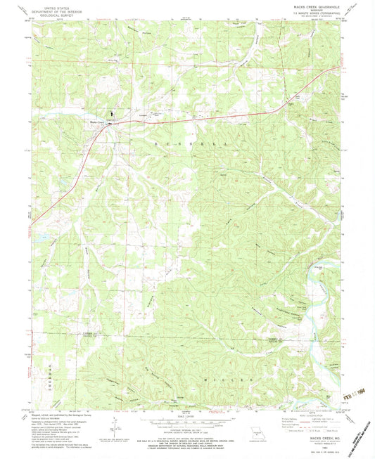 Classic USGS Macks Creek Missouri 7.5'x7.5' Topo Map Image