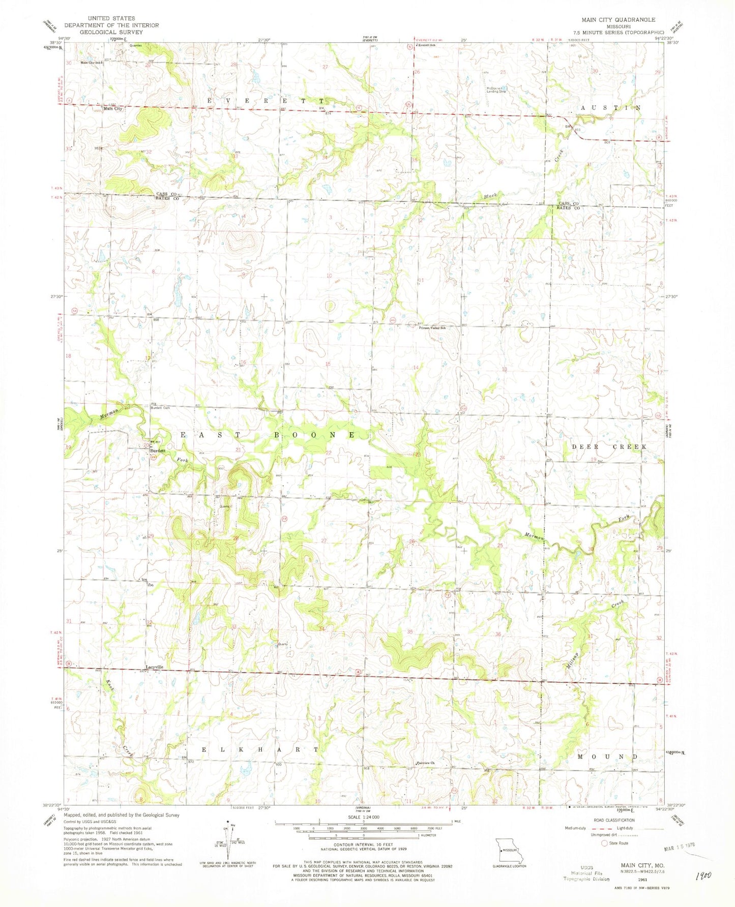 Classic USGS Main City Missouri 7.5'x7.5' Topo Map Image
