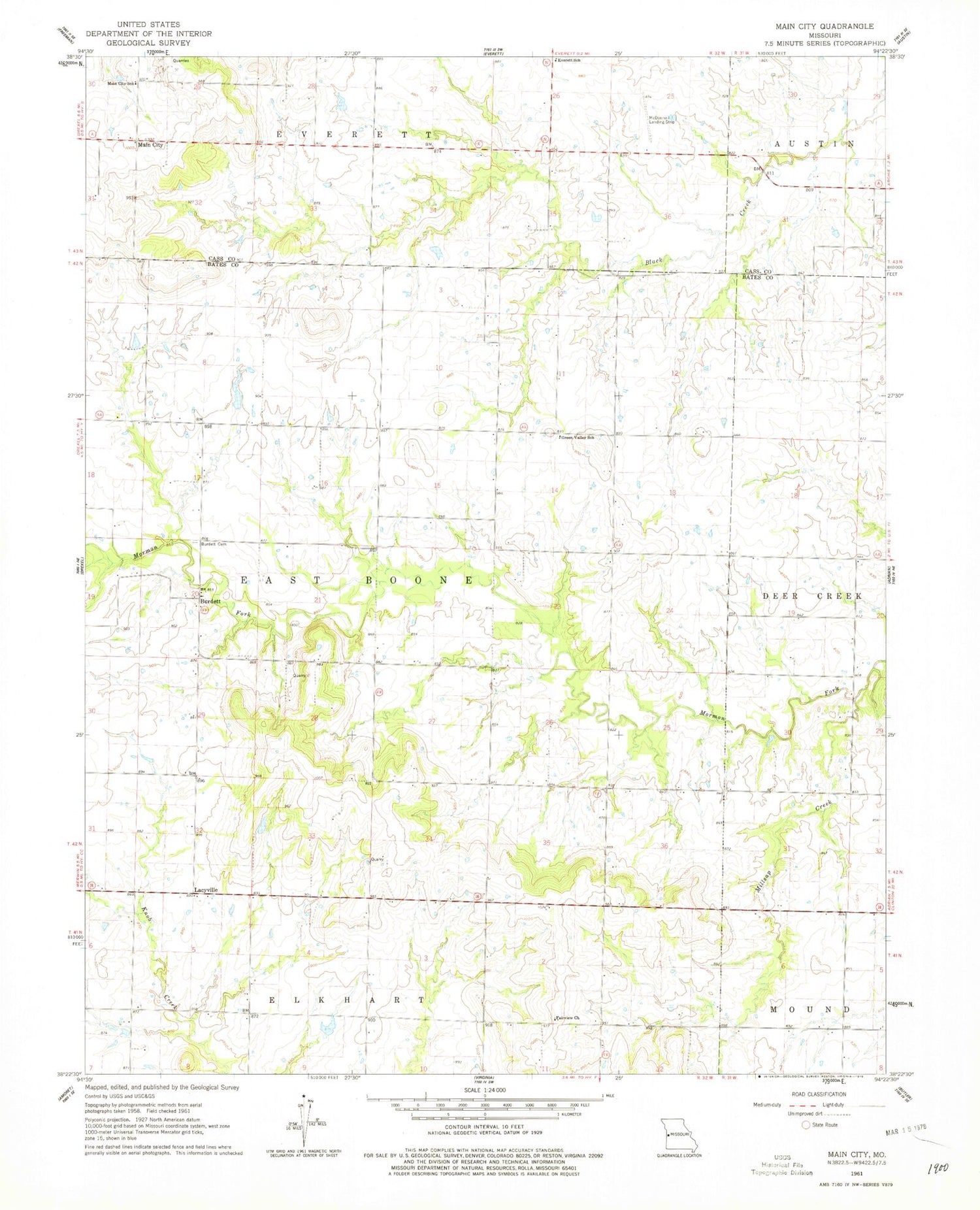 Classic USGS Main City Missouri 7.5'x7.5' Topo Map Image