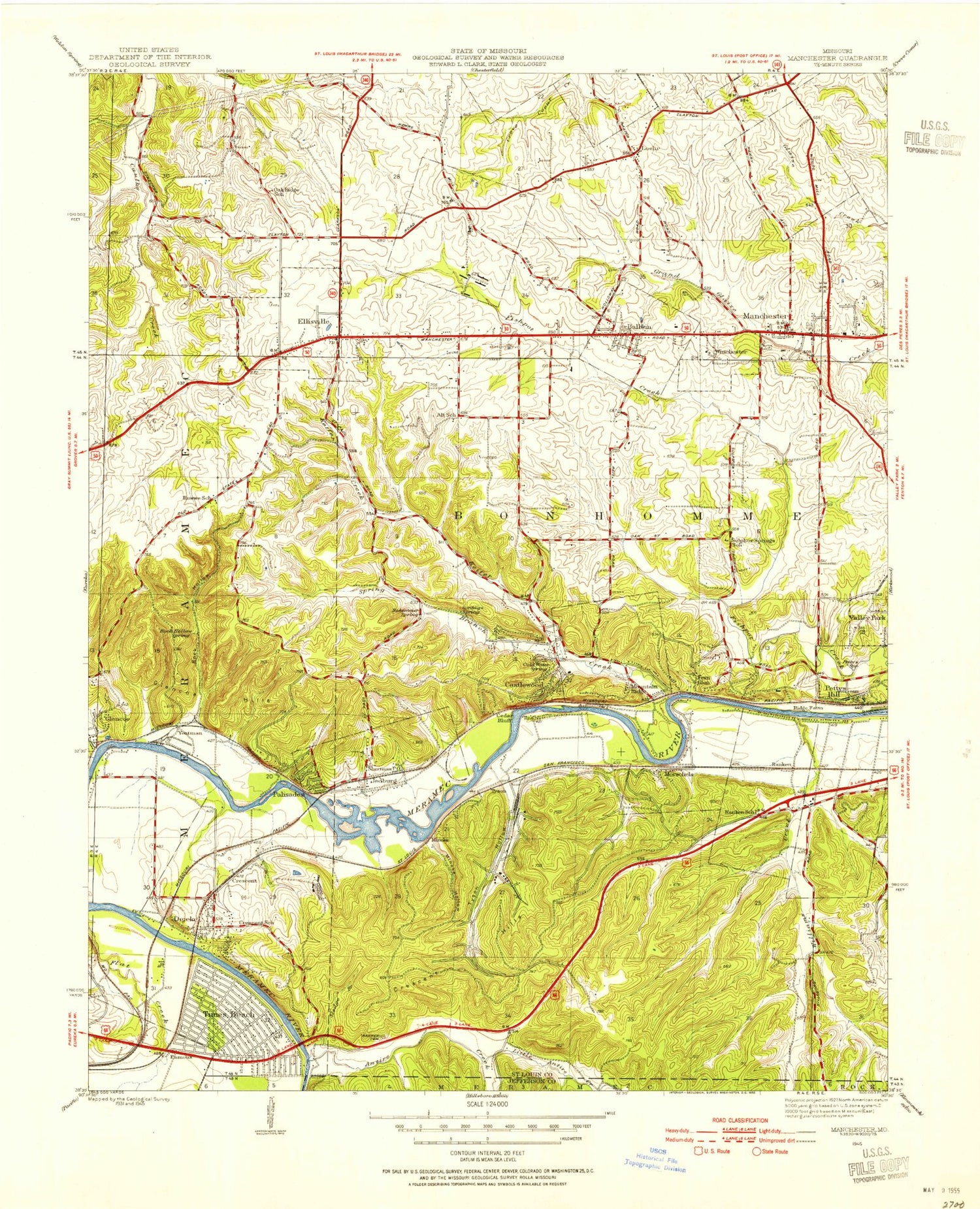 Classic USGS Manchester Missouri 7.5'x7.5' Topo Map Image