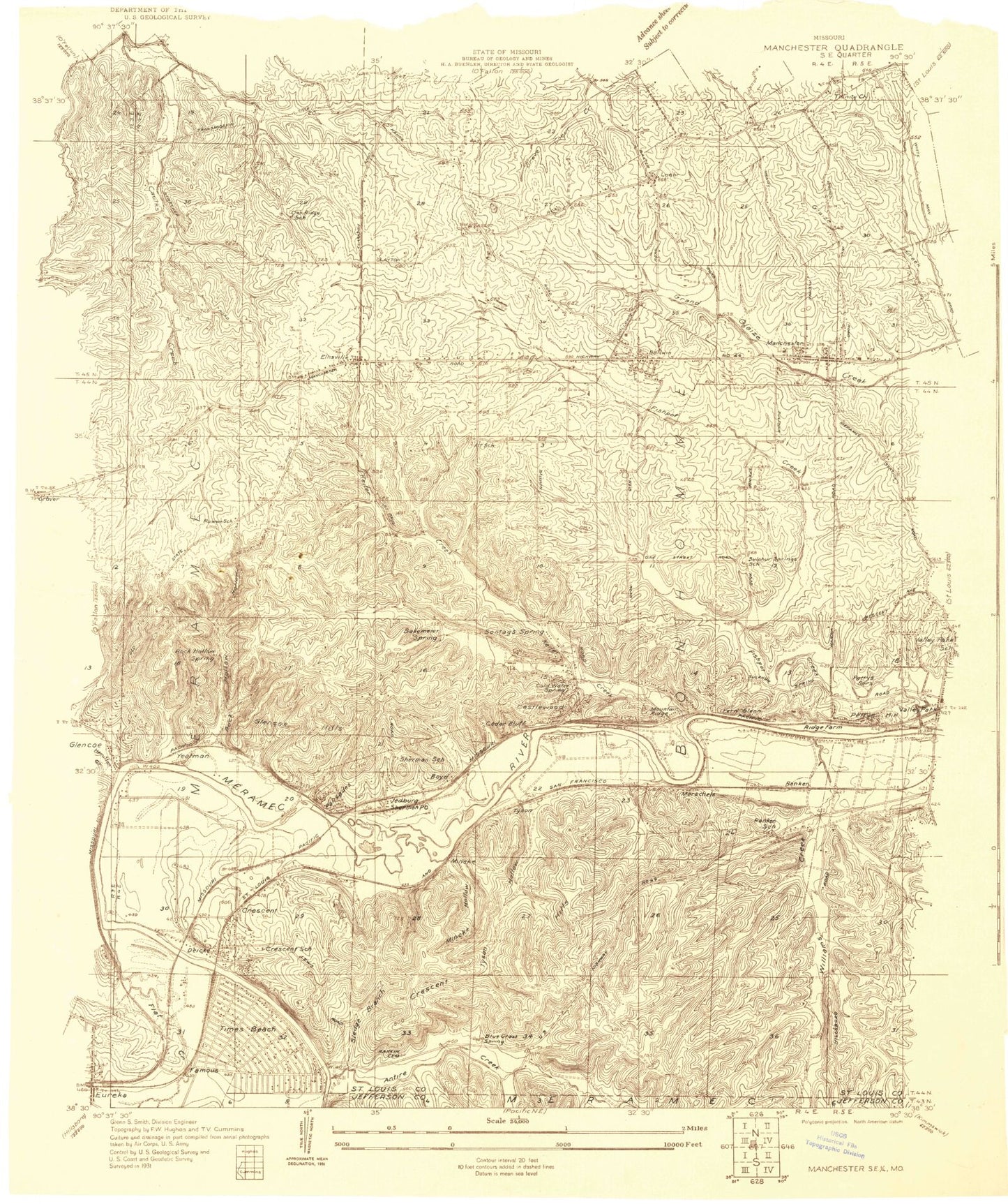 Classic USGS Manchester Missouri 7.5'x7.5' Topo Map Image