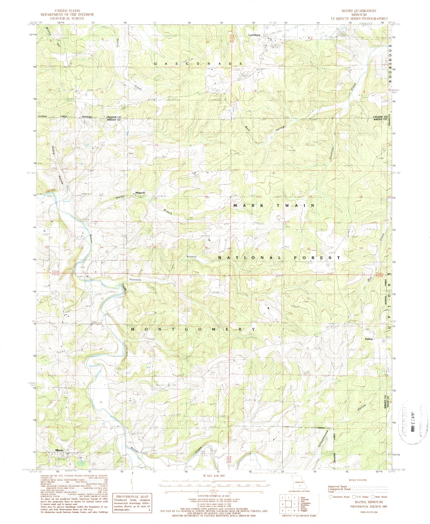 Classic USGS Manes Missouri 7.5'x7.5' Topo Map Image