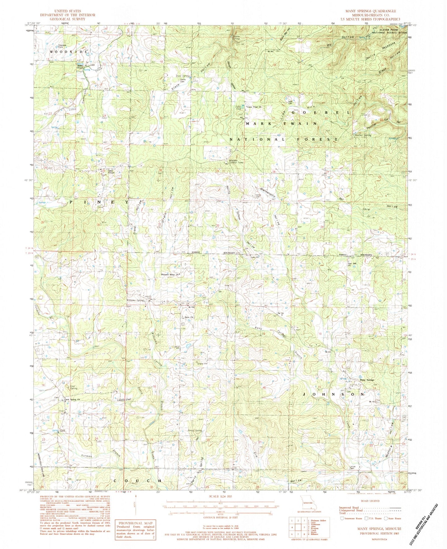 Classic USGS Many Springs Missouri 7.5'x7.5' Topo Map Image