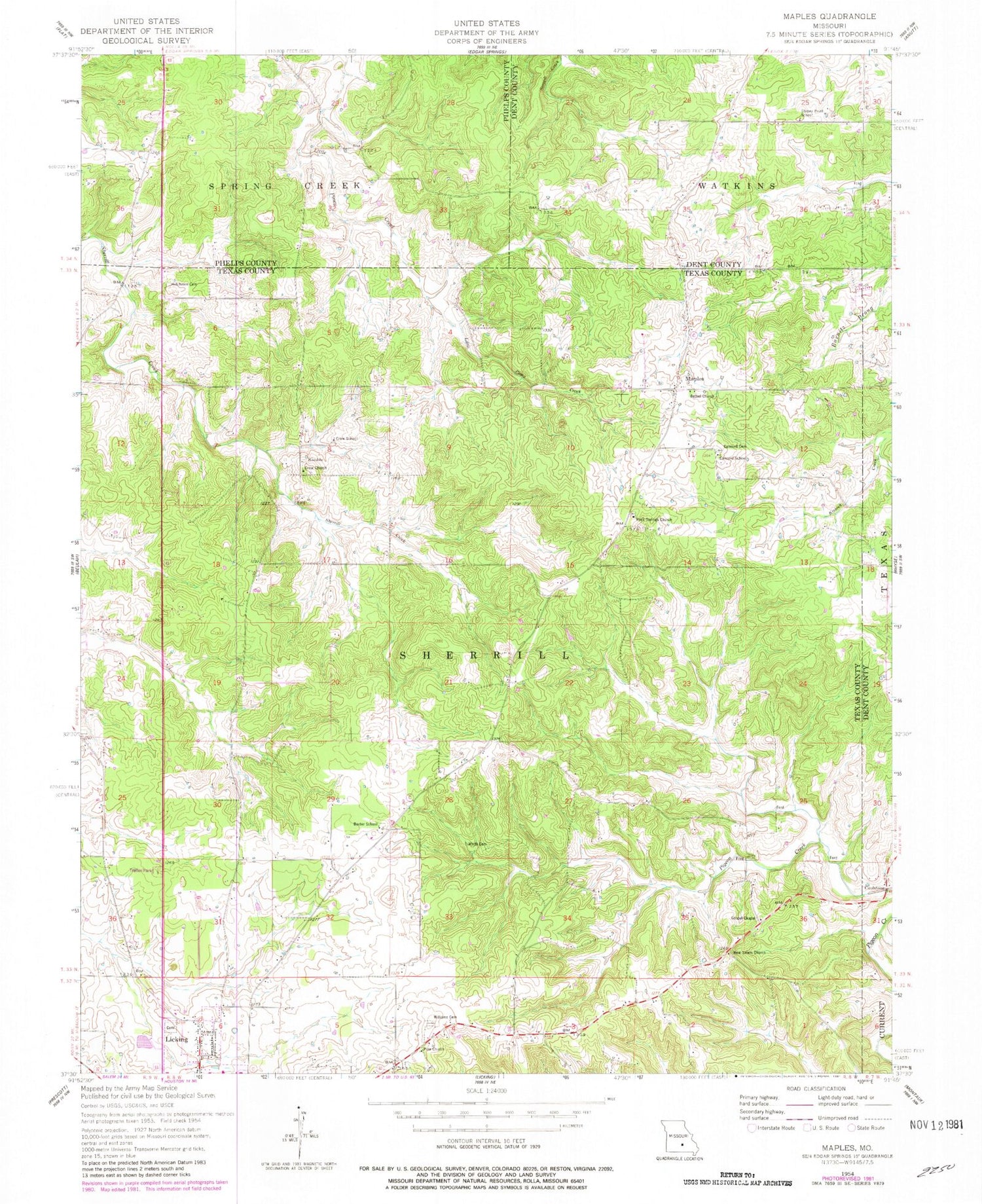 Classic USGS Maples Missouri 7.5'x7.5' Topo Map Image