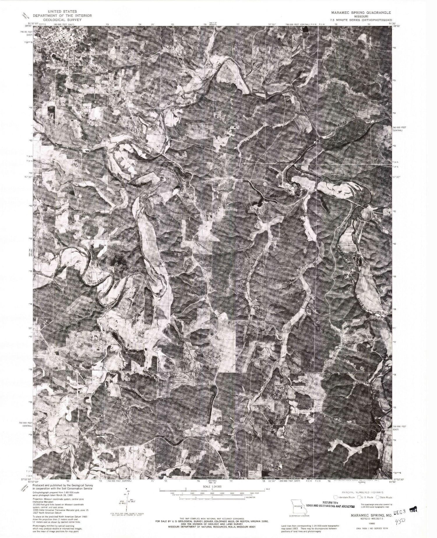 Classic USGS Maramec Spring Missouri 7.5'x7.5' Topo Map Image