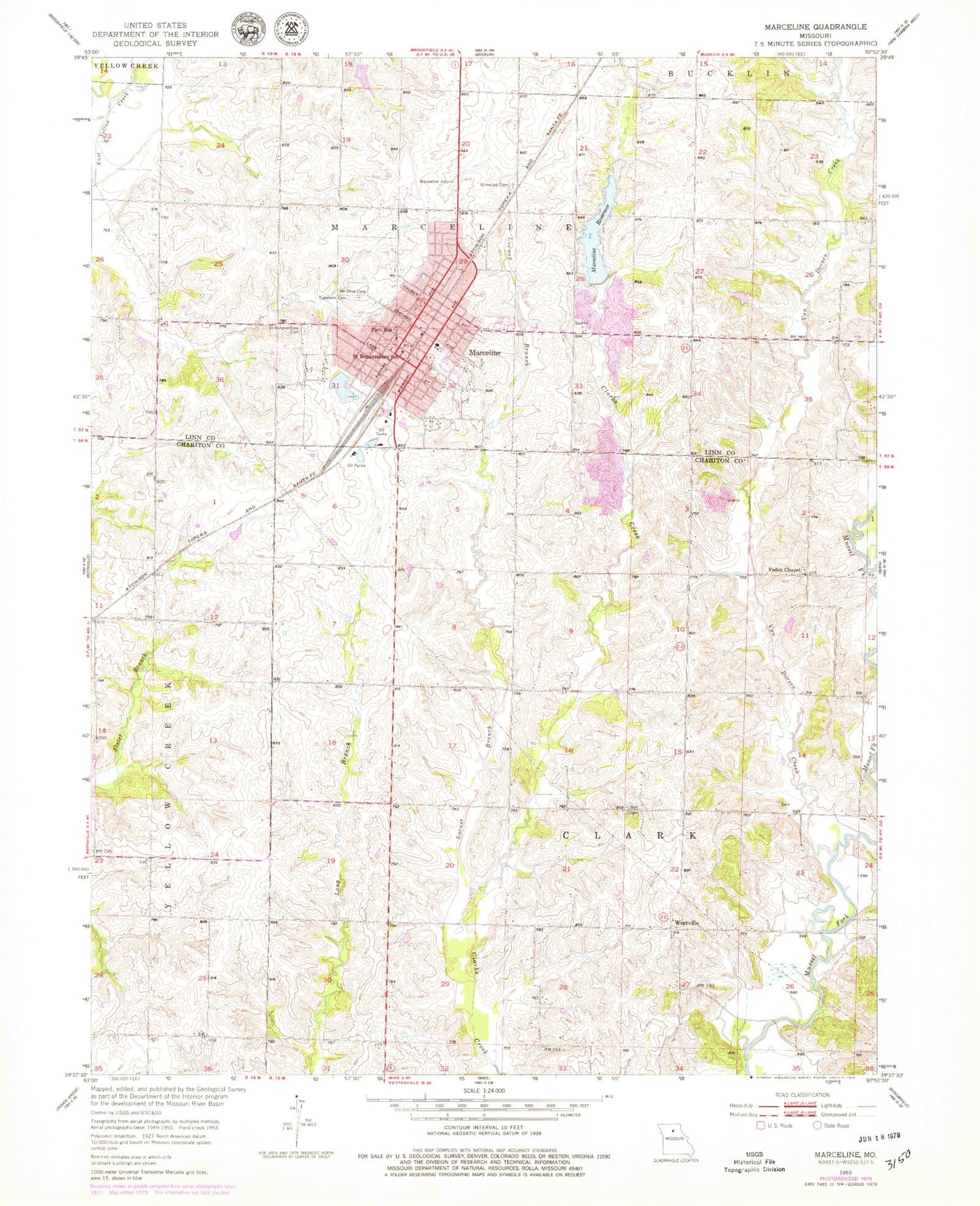 Classic USGS Marceline Missouri 7.5'x7.5' Topo Map Image