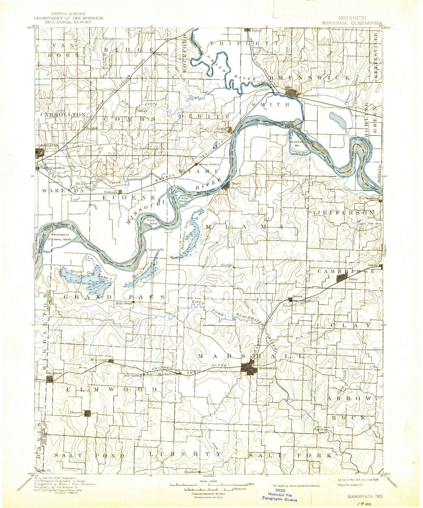 Historic 1901 Marshall Missouri 30'x30' Topo Map Image