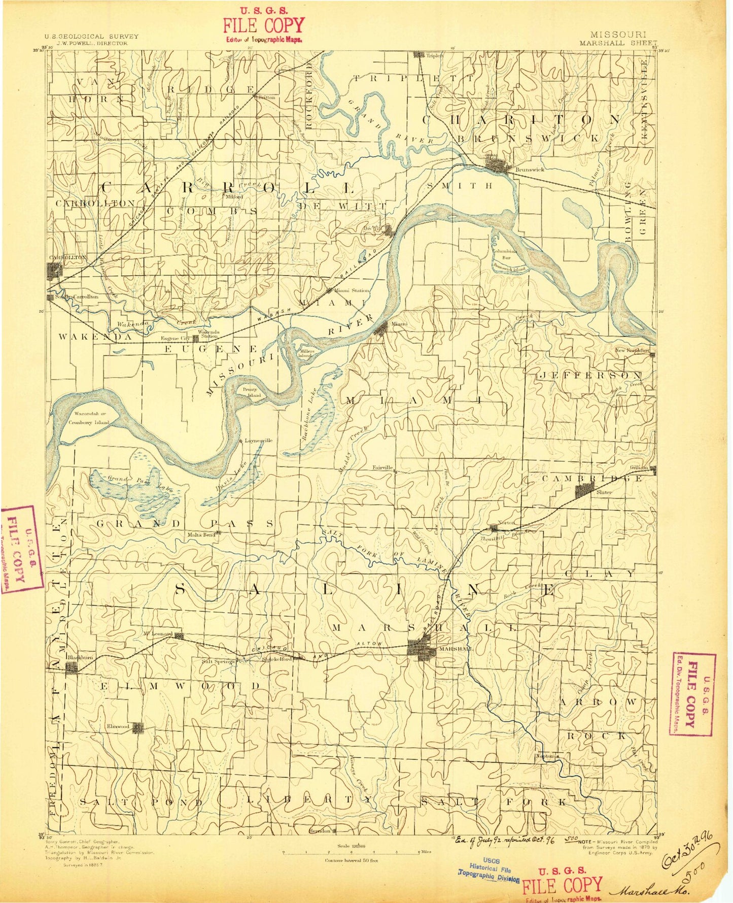 Historic 1892 Marshall Missouri 30'x30' Topo Map Image
