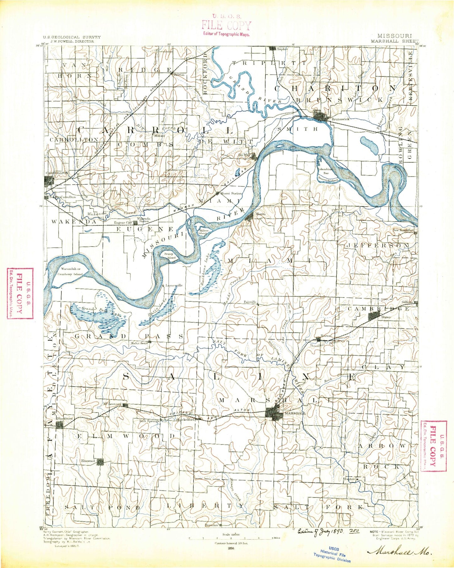 Historic 1890 Marshall Missouri 30'x30' Topo Map Image