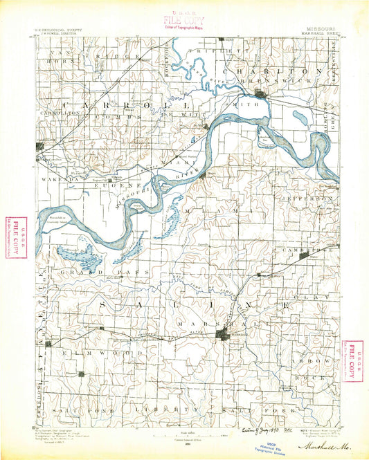 Historic 1890 Marshall Missouri 30'x30' Topo Map Image