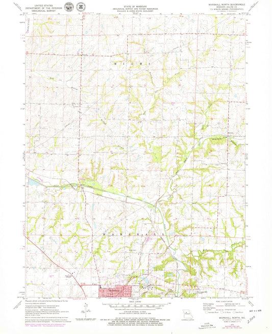 Classic USGS Marshall North Missouri 7.5'x7.5' Topo Map Image