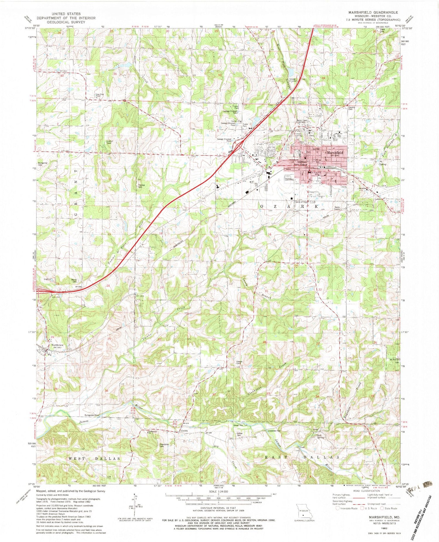Classic USGS Marshfield Missouri 7.5'x7.5' Topo Map Image