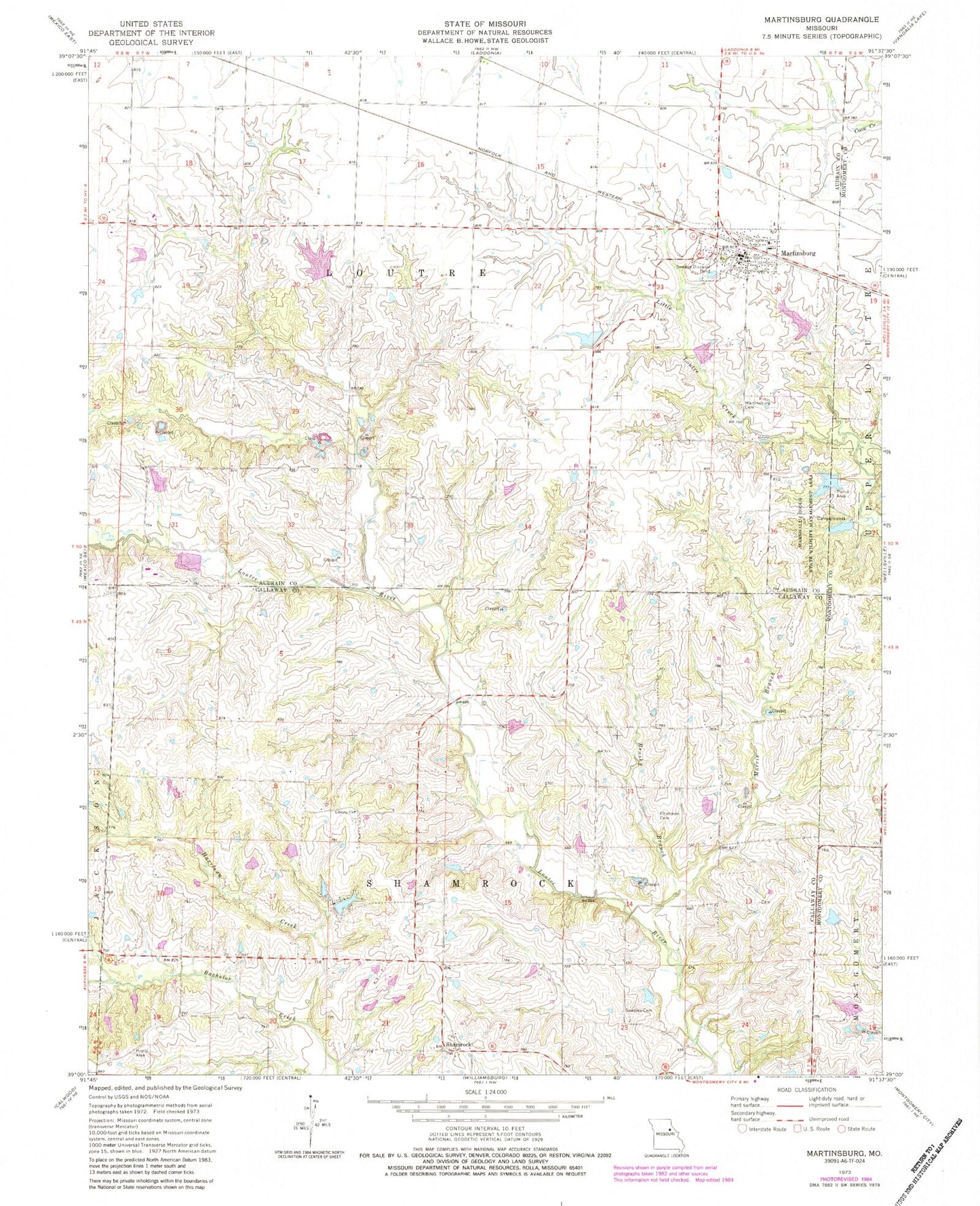 Classic USGS Martinsburg Missouri 7.5'x7.5' Topo Map Image