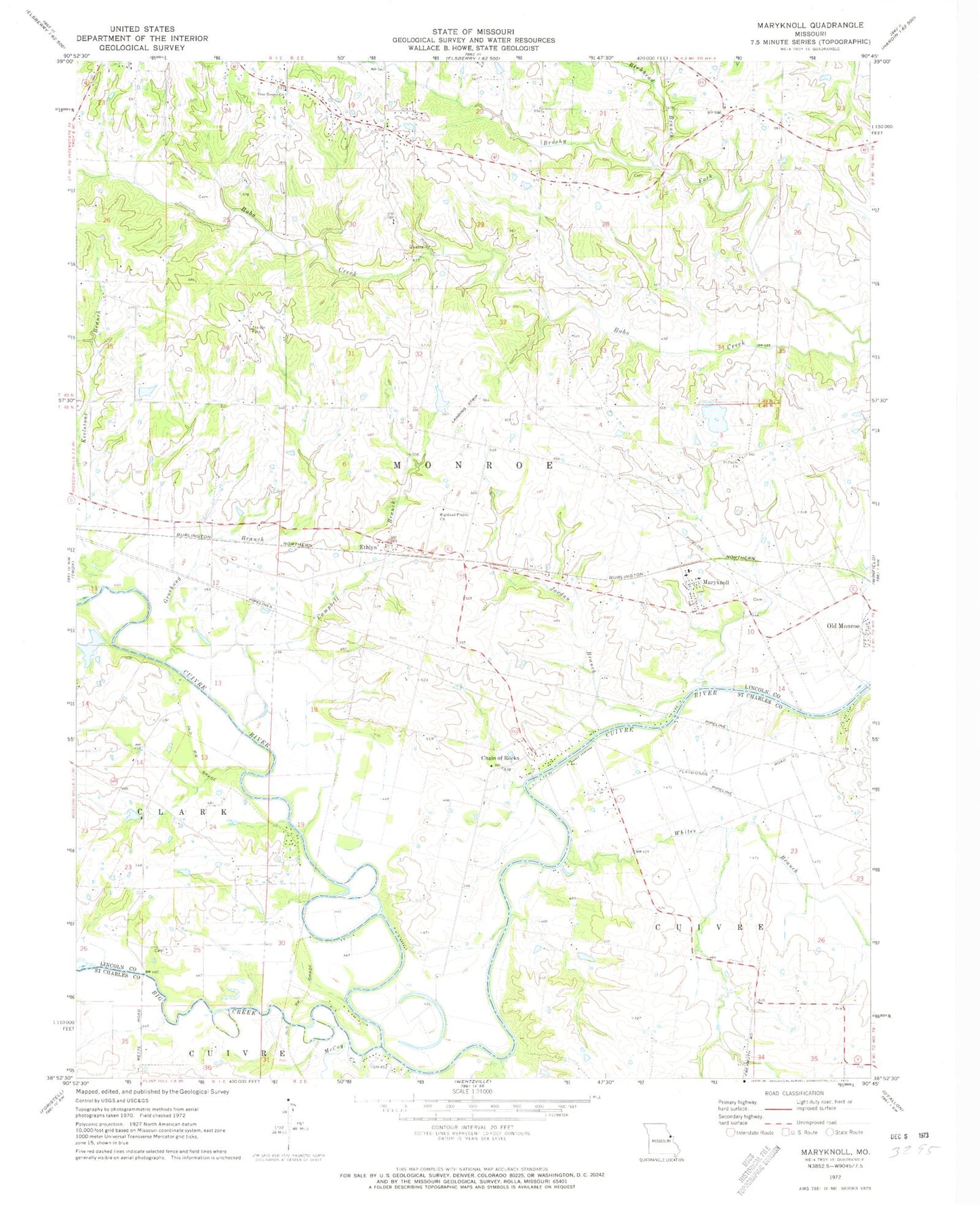 Classic USGS Maryknoll Missouri 7.5'x7.5' Topo Map Image