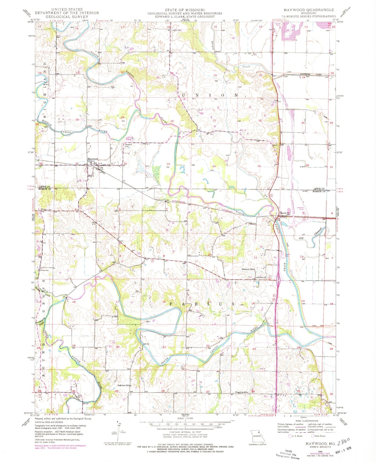 Classic USGS Maywood Missouri 7.5'x7.5' Topo Map Image