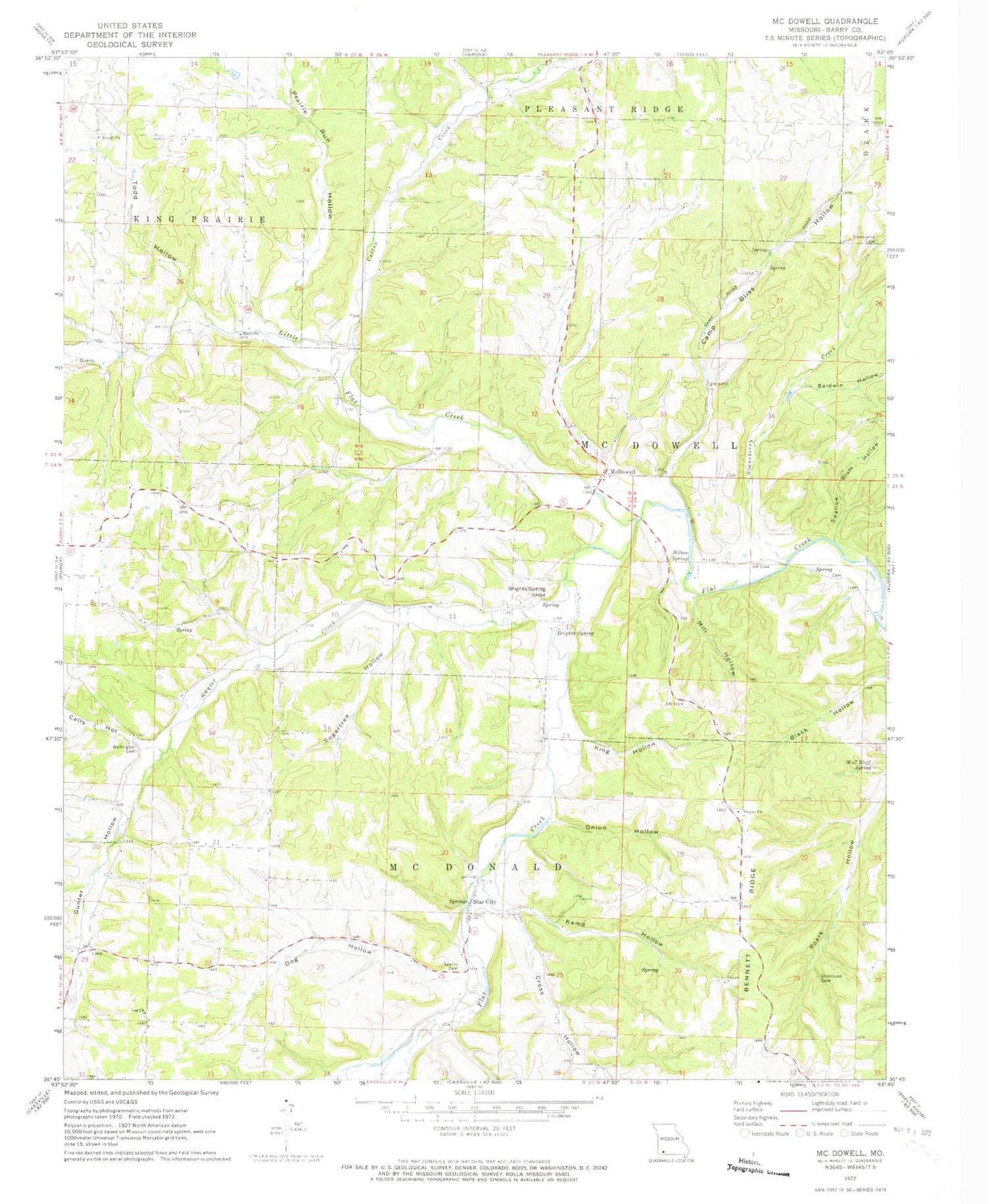Classic USGS McDowell Missouri 7.5'x7.5' Topo Map Image