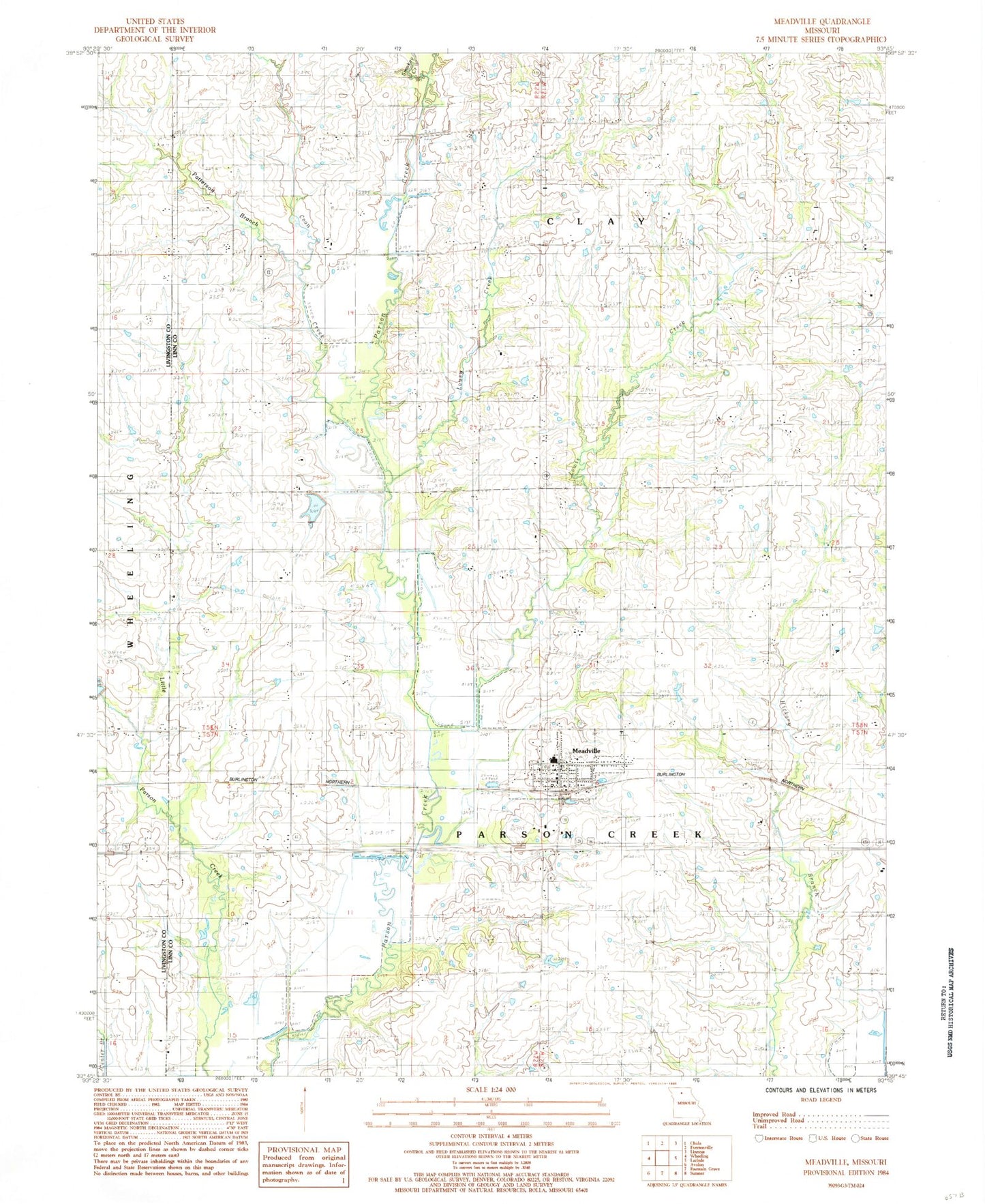 Classic USGS Meadville Missouri 7.5'x7.5' Topo Map Image