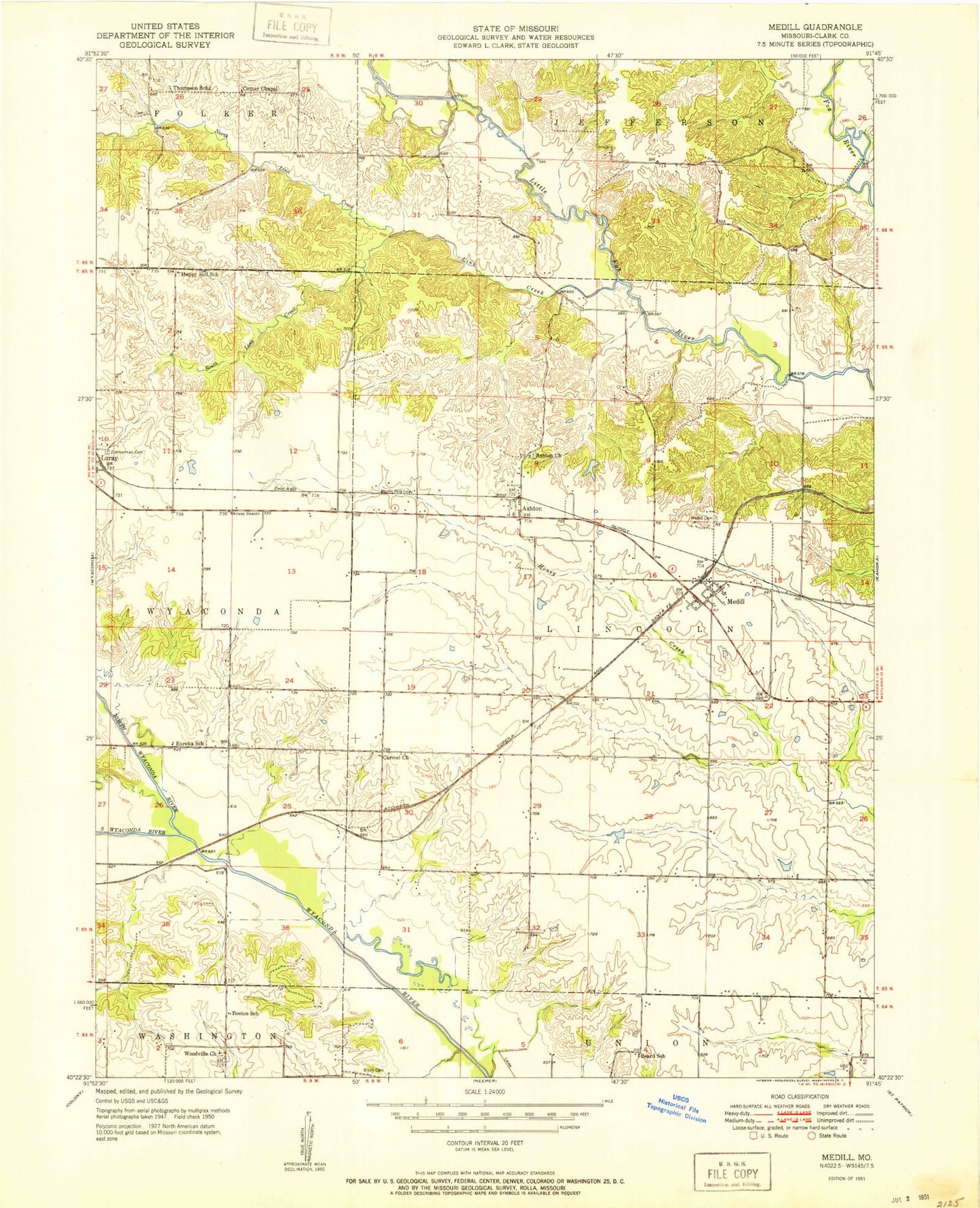Classic USGS Medill Missouri 7.5'x7.5' Topo Map Image