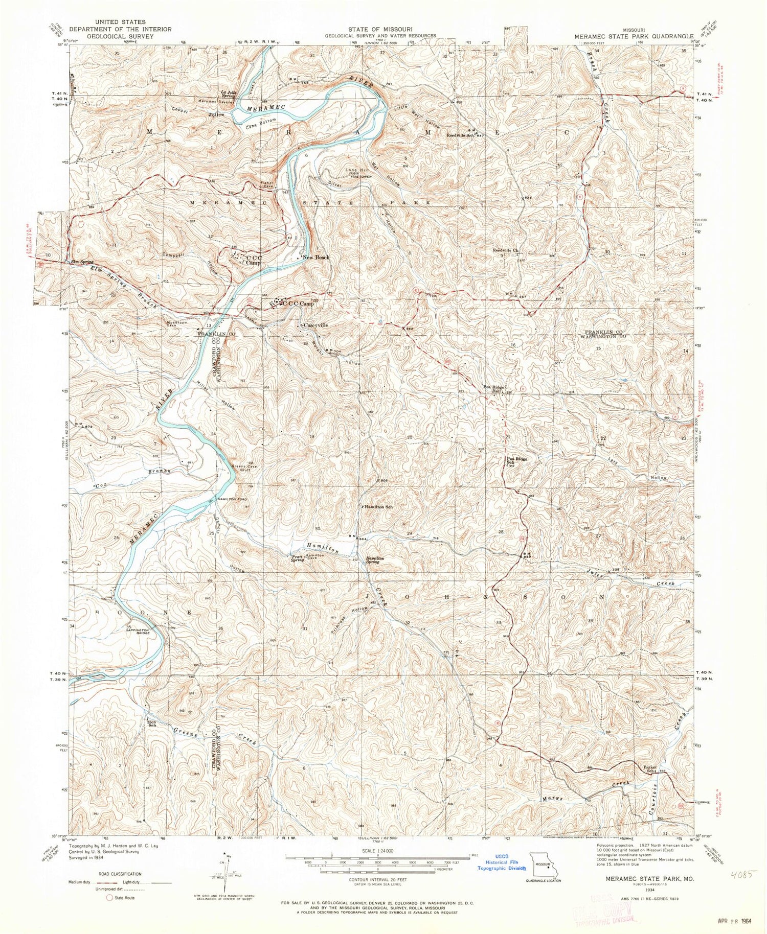 Classic USGS Meramec State Park Missouri 7.5'x7.5' Topo Map Image