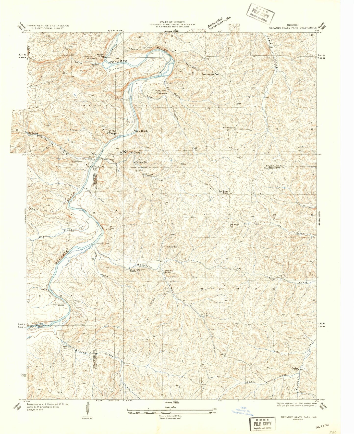 Classic USGS Meramec State Park Missouri 7.5'x7.5' Topo Map Image