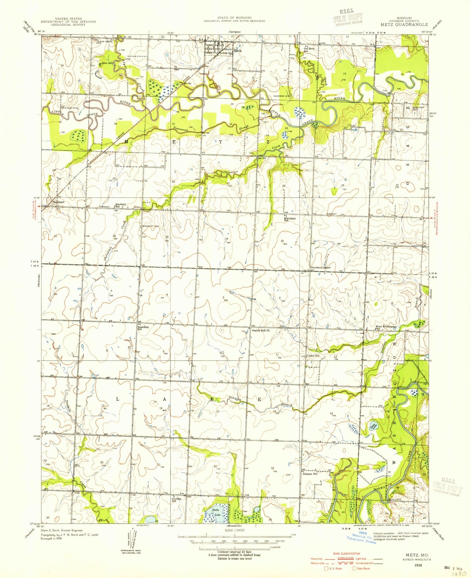 Classic USGS Metz Missouri 7.5'x7.5' Topo Map Image