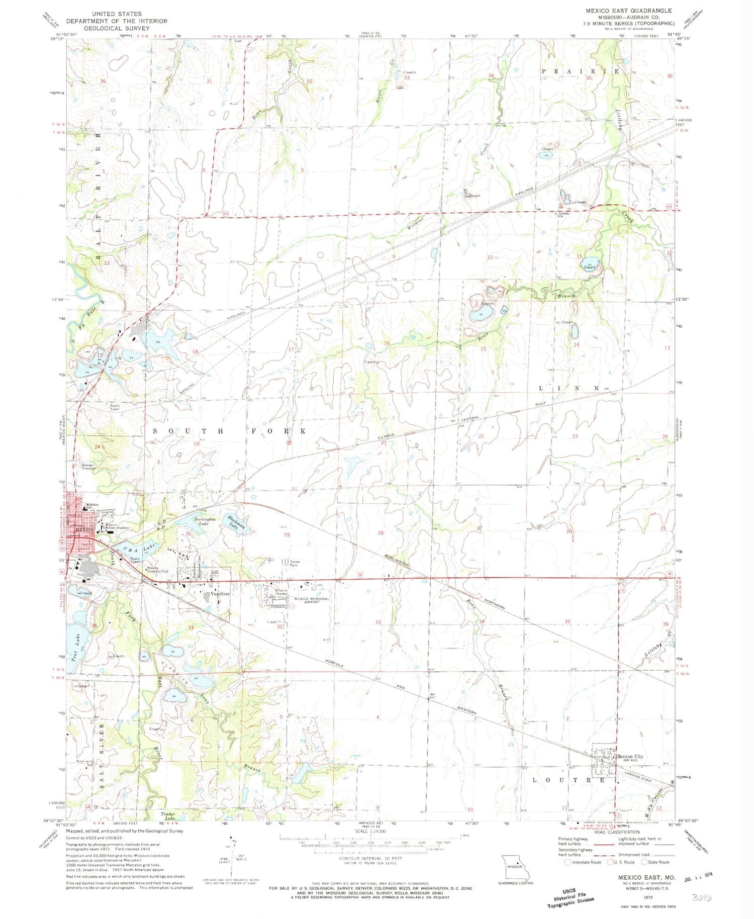 Classic USGS Mexico East Missouri 7.5'x7.5' Topo Map Image