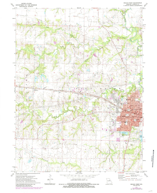 Classic USGS Mexico West Missouri 7.5'x7.5' Topo Map Image