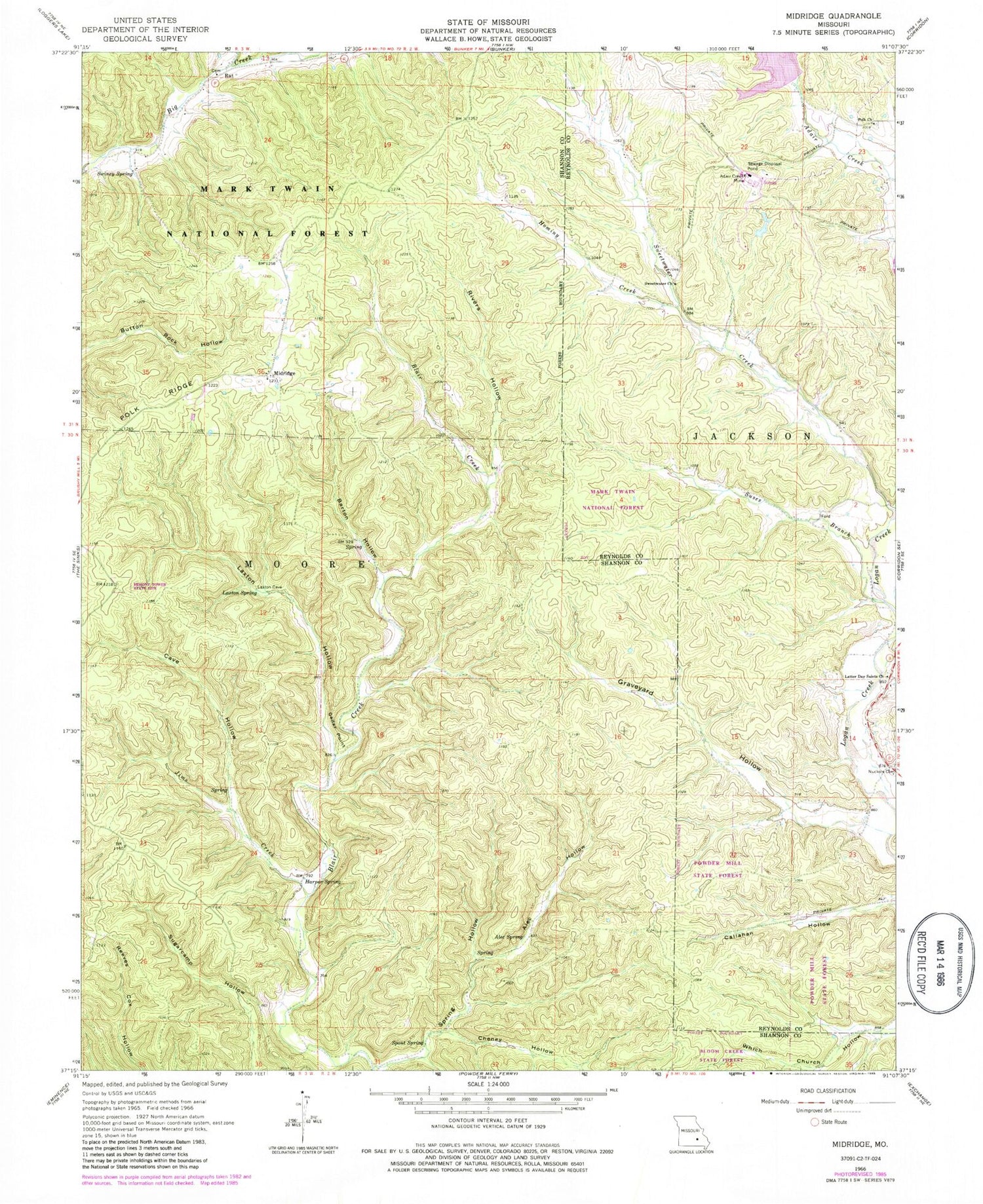 Classic USGS Midridge Missouri 7.5'x7.5' Topo Map Image
