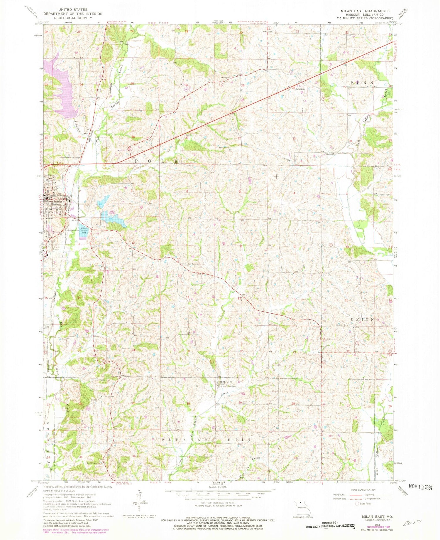 Classic USGS Milan East Missouri 7.5'x7.5' Topo Map Image