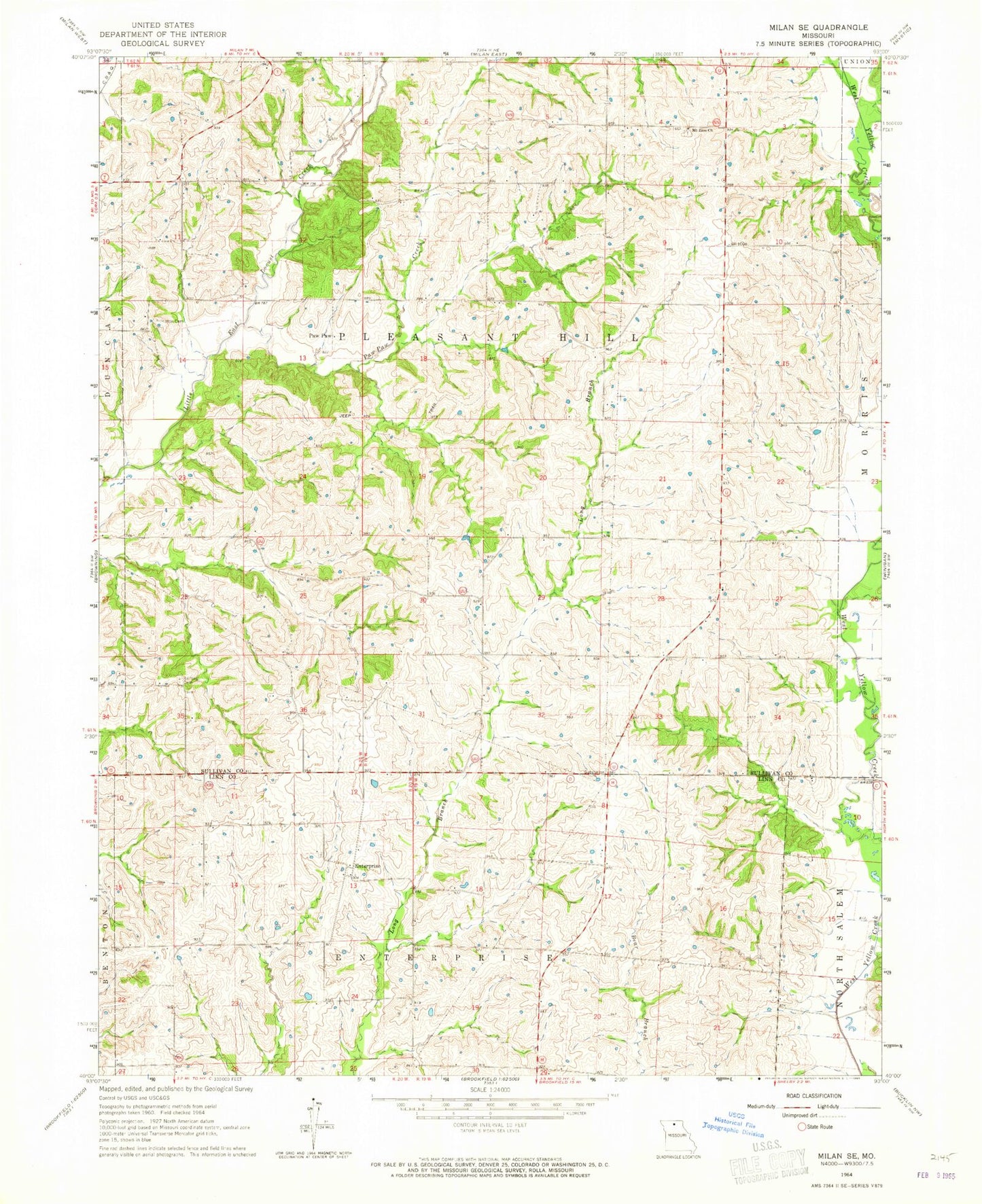 Classic USGS Milan SE Missouri 7.5'x7.5' Topo Map Image