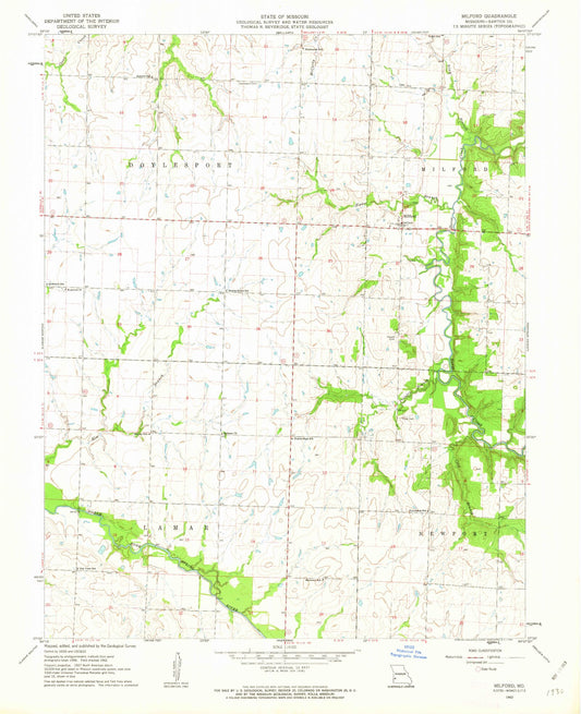 Classic USGS Milford Missouri 7.5'x7.5' Topo Map Image