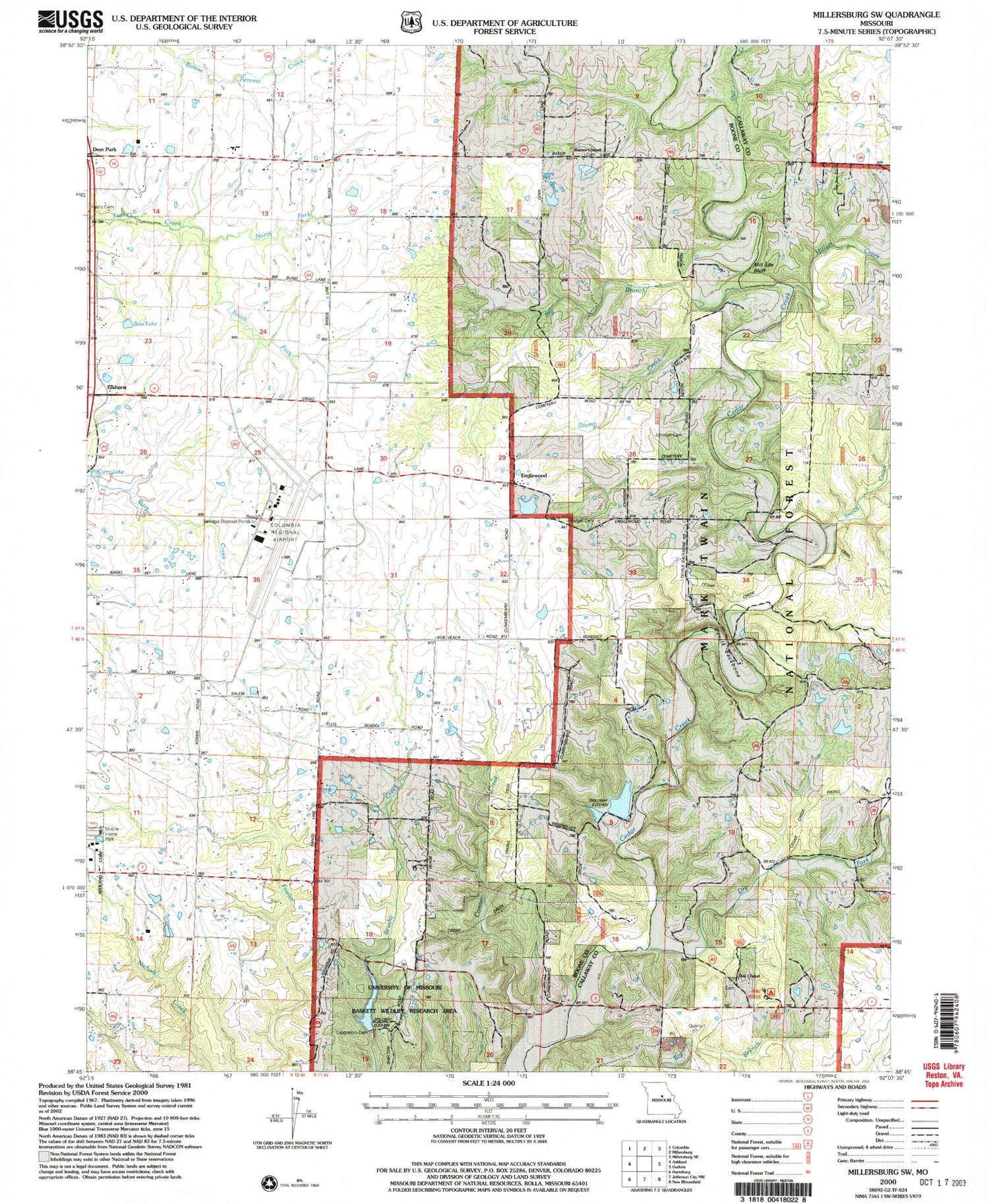 Classic USGS Millersburg SW Missouri 7.5'x7.5' Topo Map Image